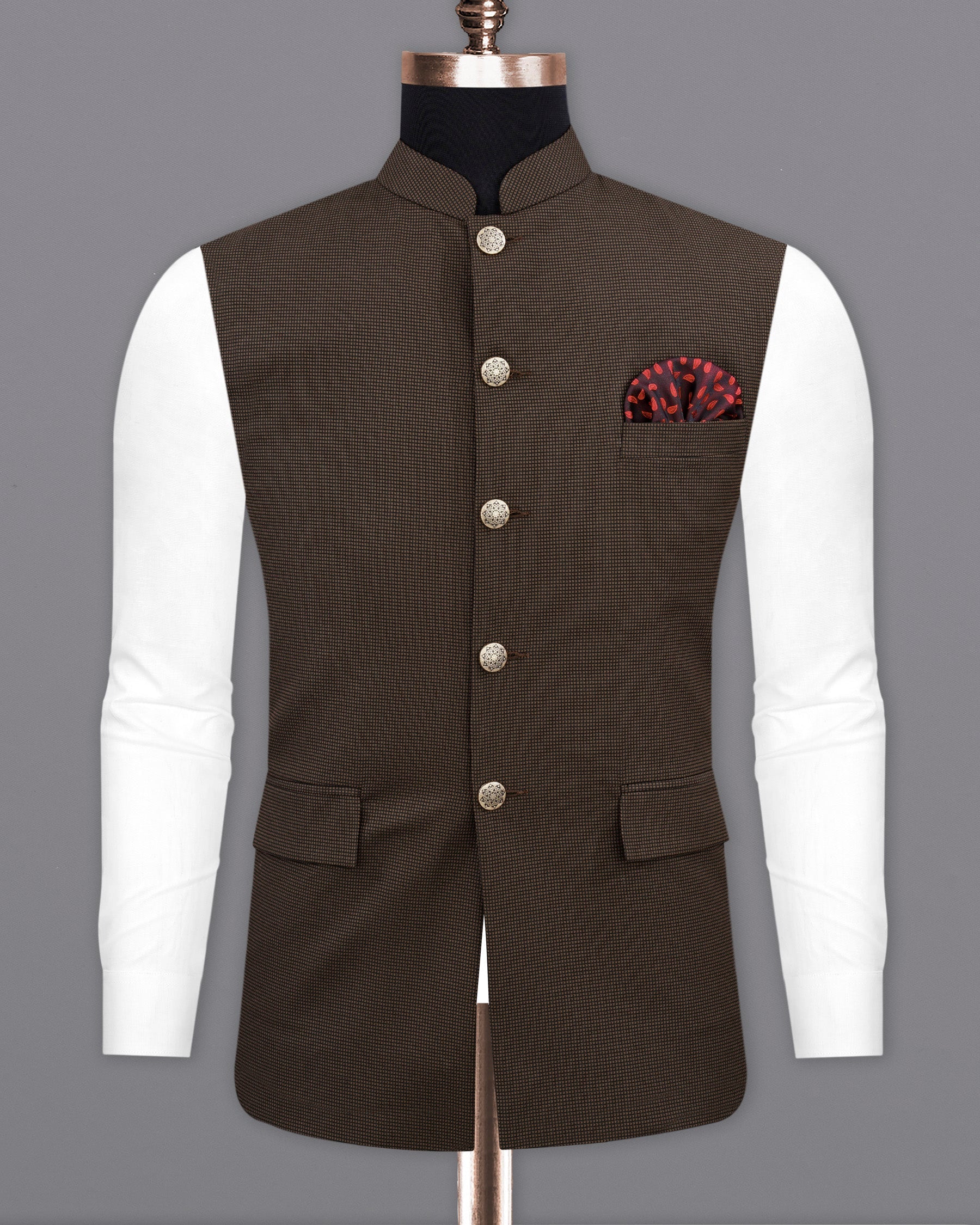 Dark Beige Linen Satin Printed Nehru Jacket Design by JJV.Kapurthala By JJ  Valaya Men at Pernia's Pop Up Shop 2024