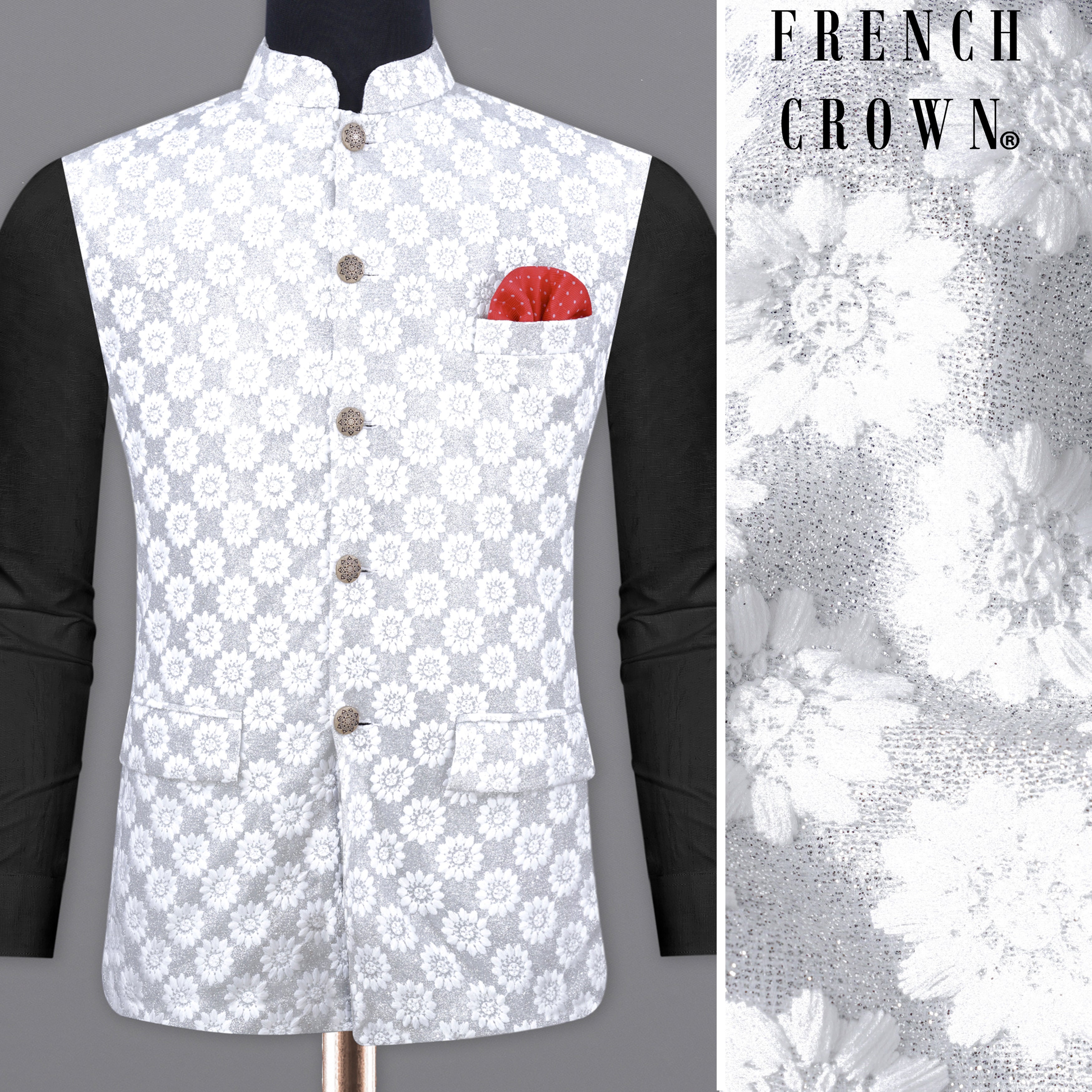 White Kurta Churidar With Floral Printed Nehru Jacket 570MW07