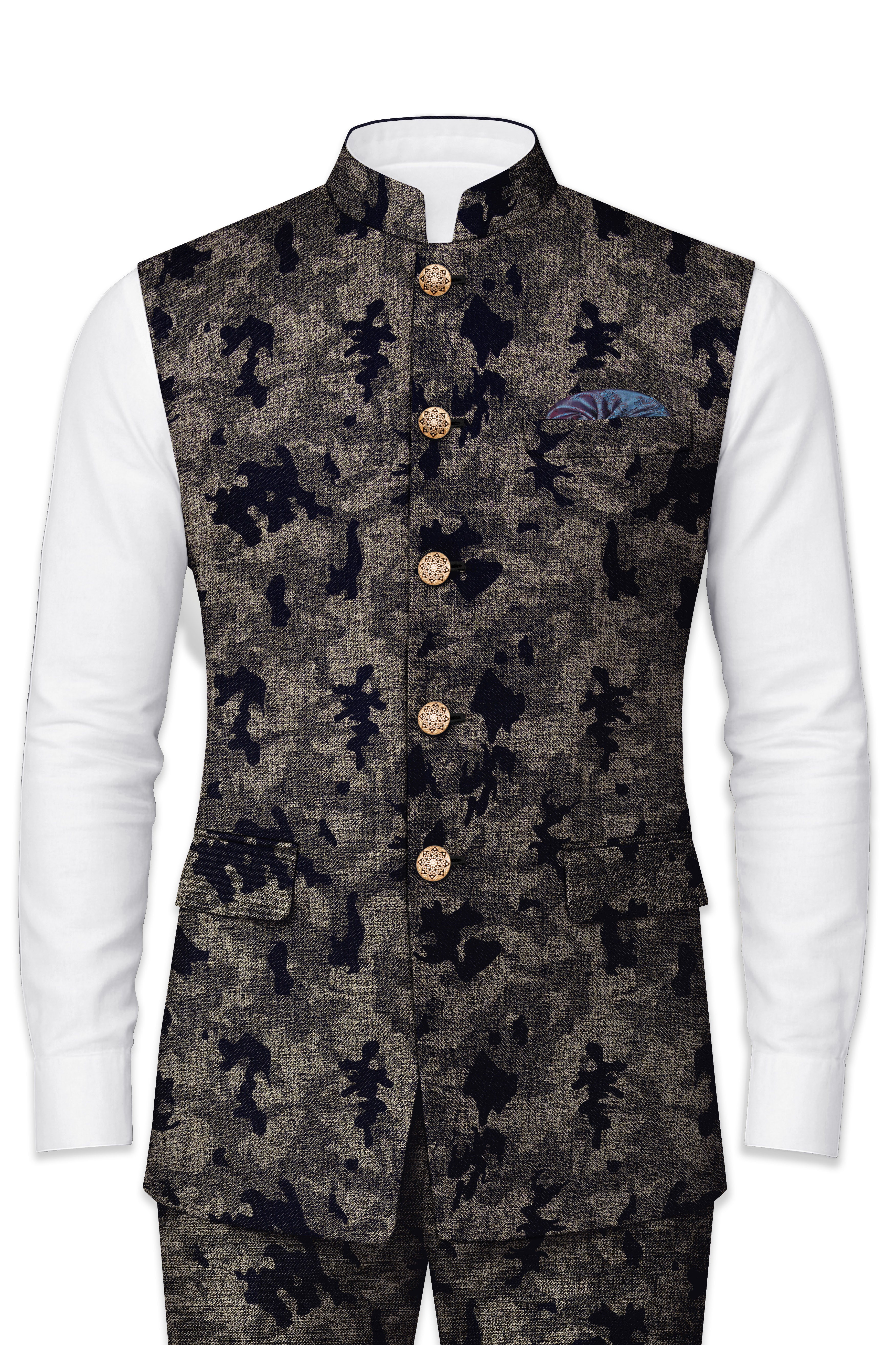 Tundora Brown with Jade Black Ditsy Textured Designer Nehru Jacket
