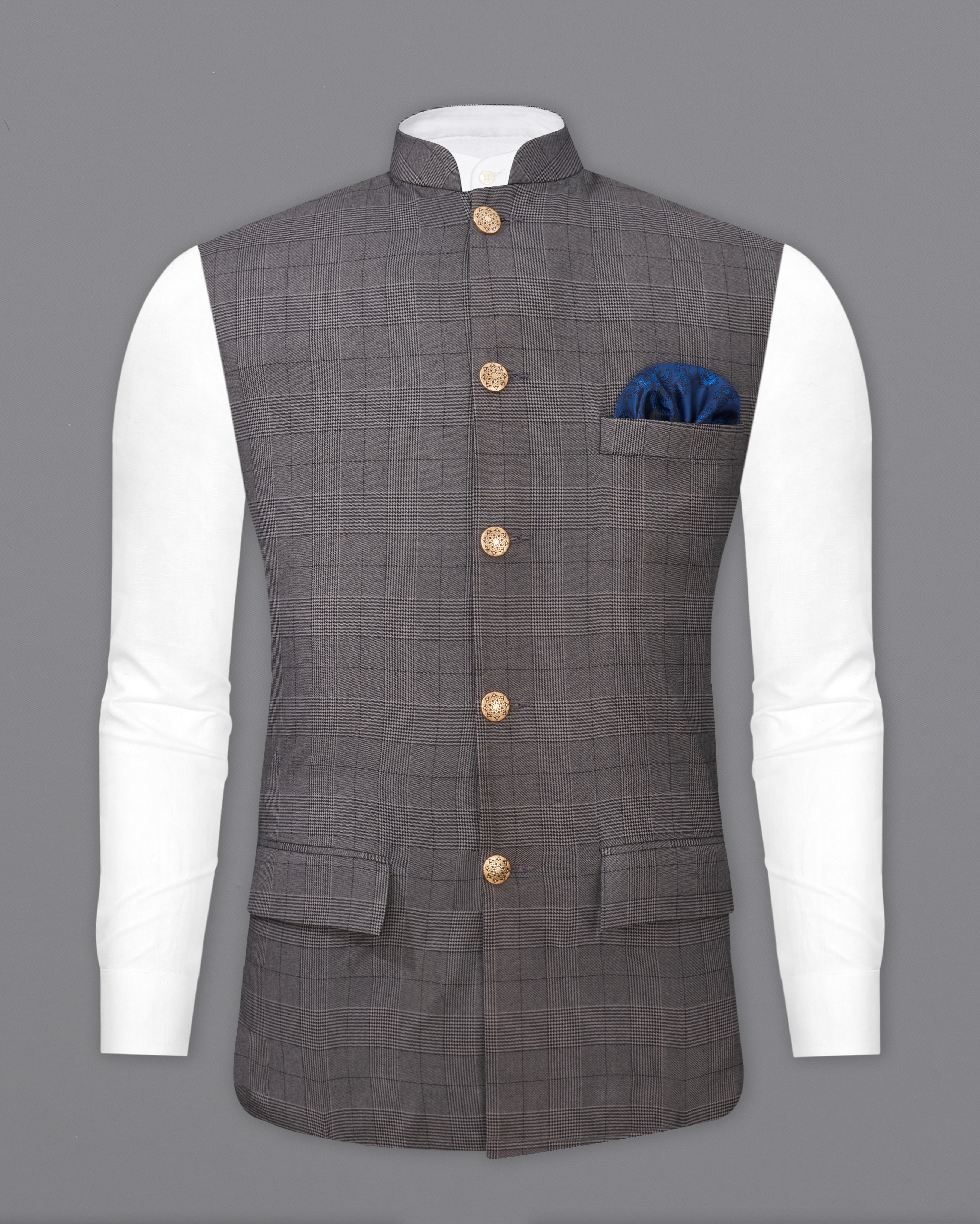 Fuscous Gray Plaid Nehru Jacket