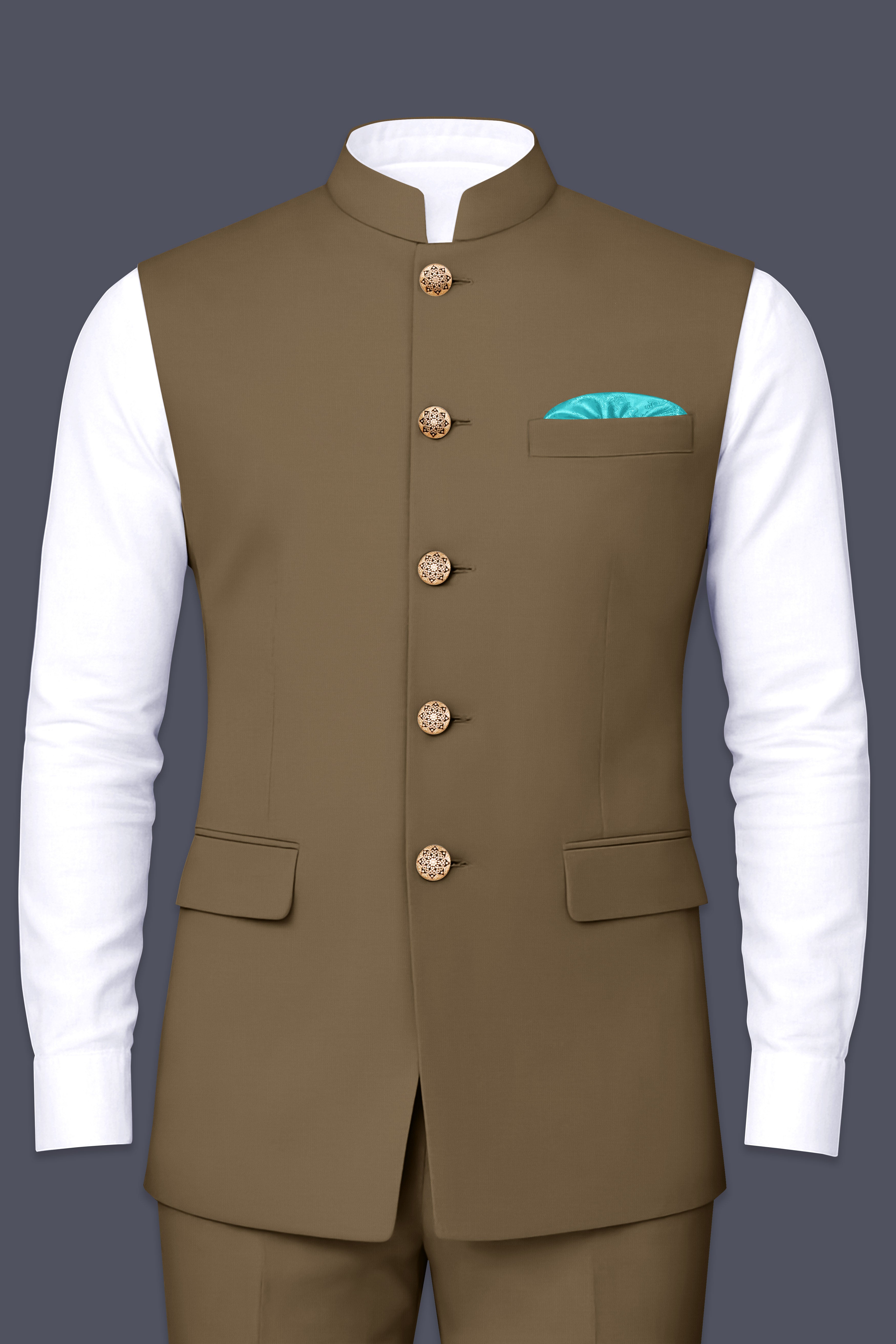 Khaki Brown Textured Nehru Jacket