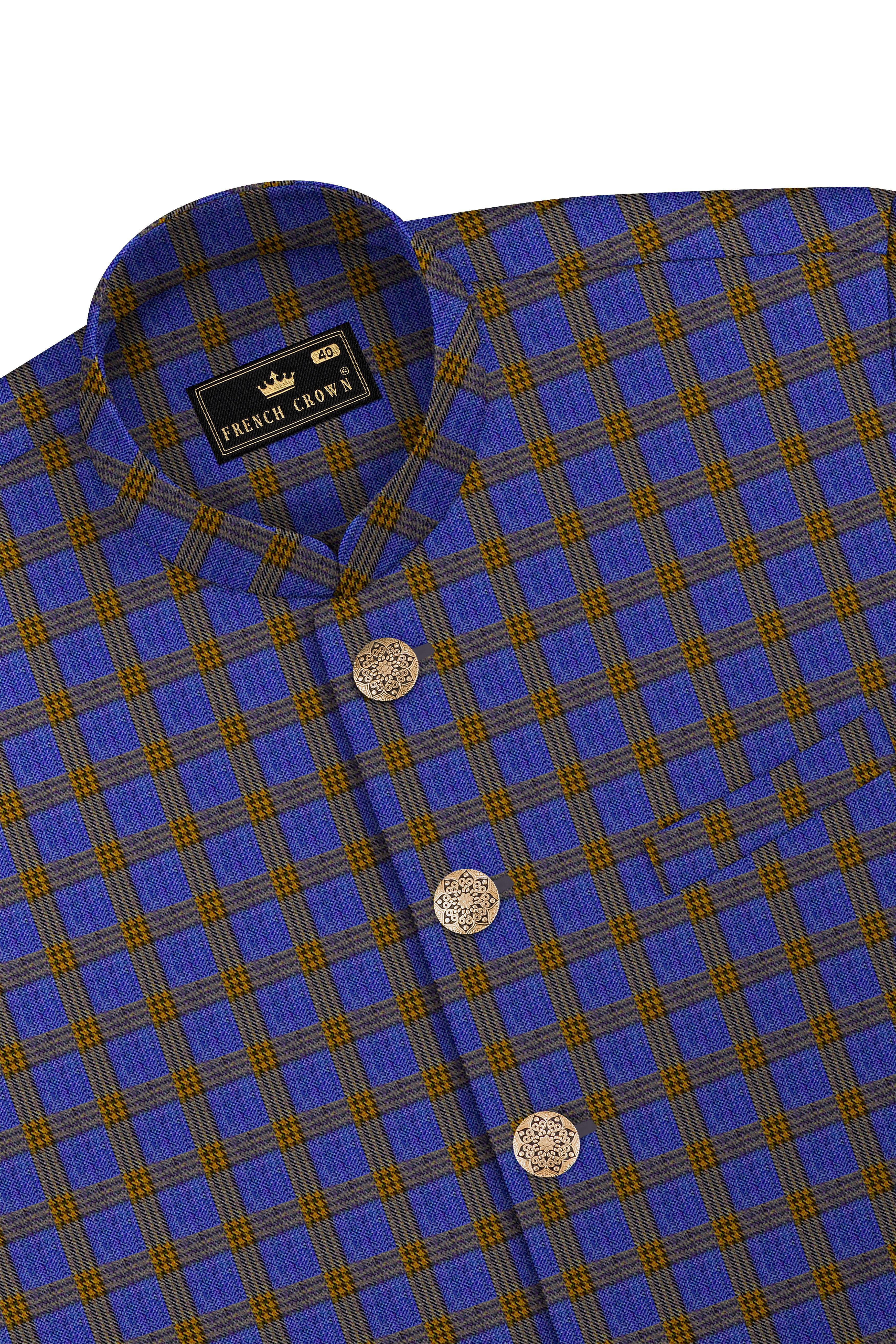 Twilight Blue with Alpine Brown Plaid Nehru Jacket