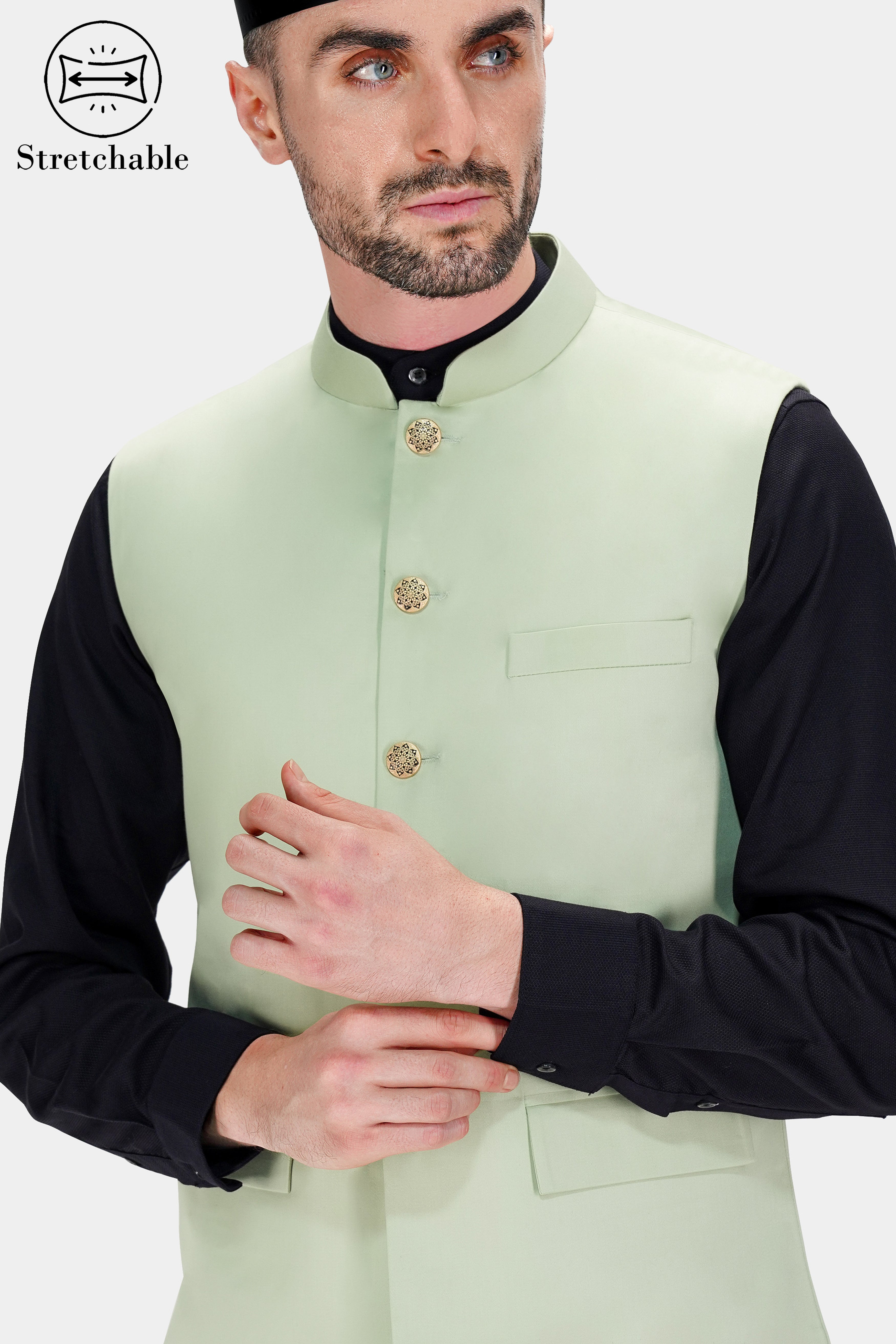 Coriander Green Premium Cotton Stretchable Traveler Nehru Jacket