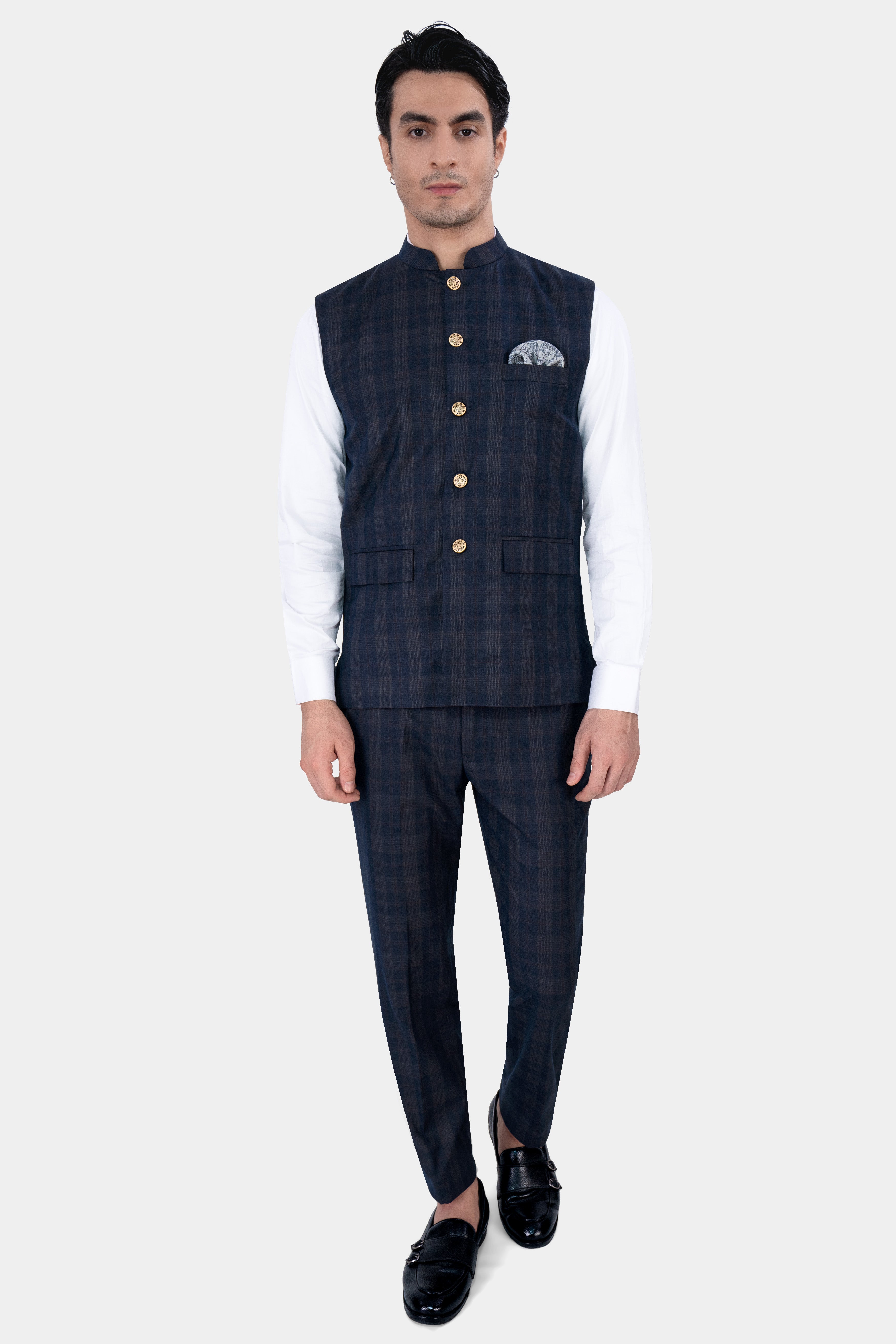 Admiral Blue and Cinereous Brown Plaid Wool Rich  Nehru Jacket WC2872-36, WC2872-38, WC2872-40, WC2872-42, WC2872-44, WC2872-46, WC2872-48, WC2872-50, WC2872-52, WC2872-54, WC2872-56, WC2872-58, WC2872-60
