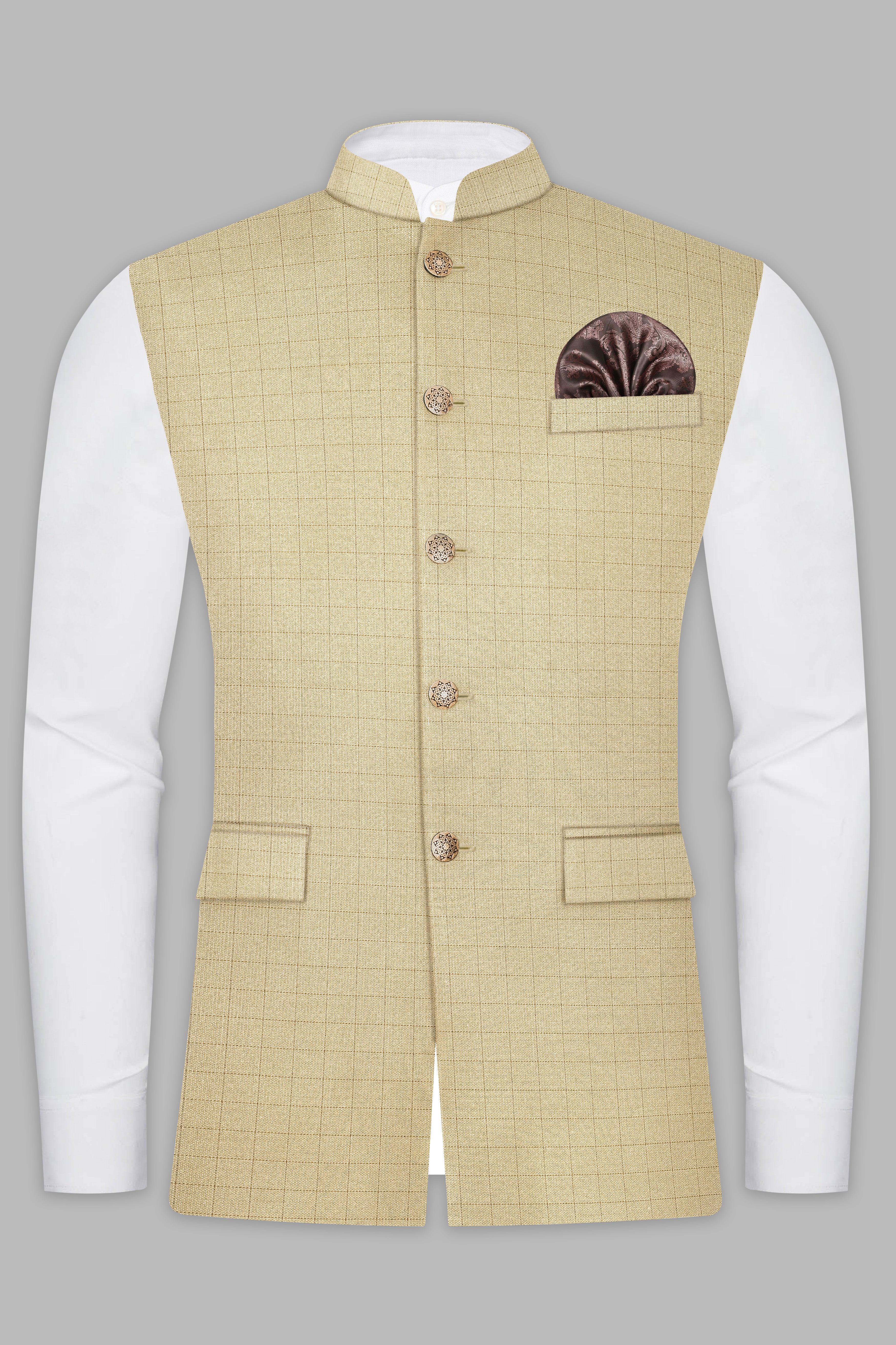 Pavlova Brown with Taupe Brown Checkered Dobby Wool Rich Nehru Jacket