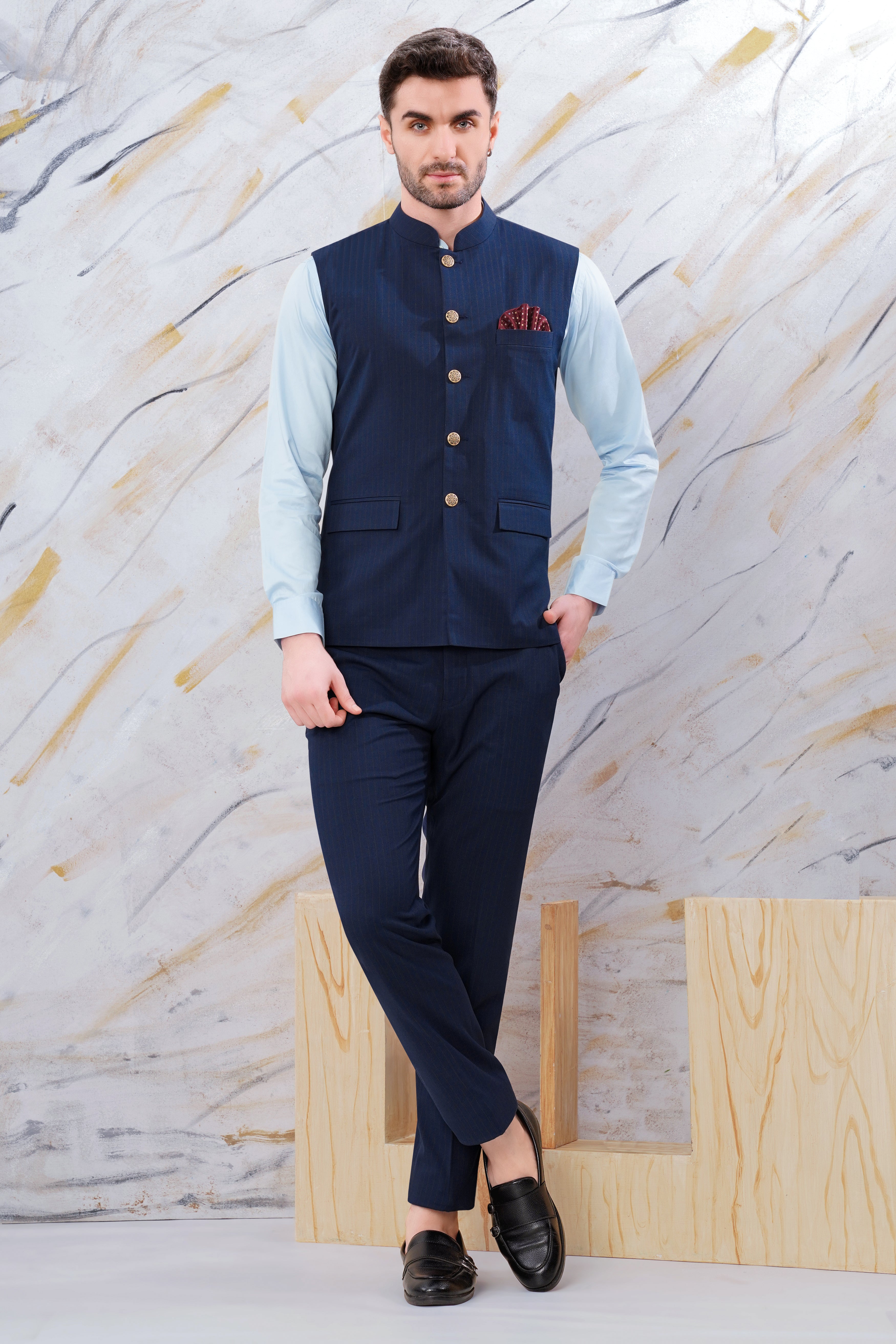 Ebony Clay Blue Striped Wool Rich Bandhgala Nehru Jacket