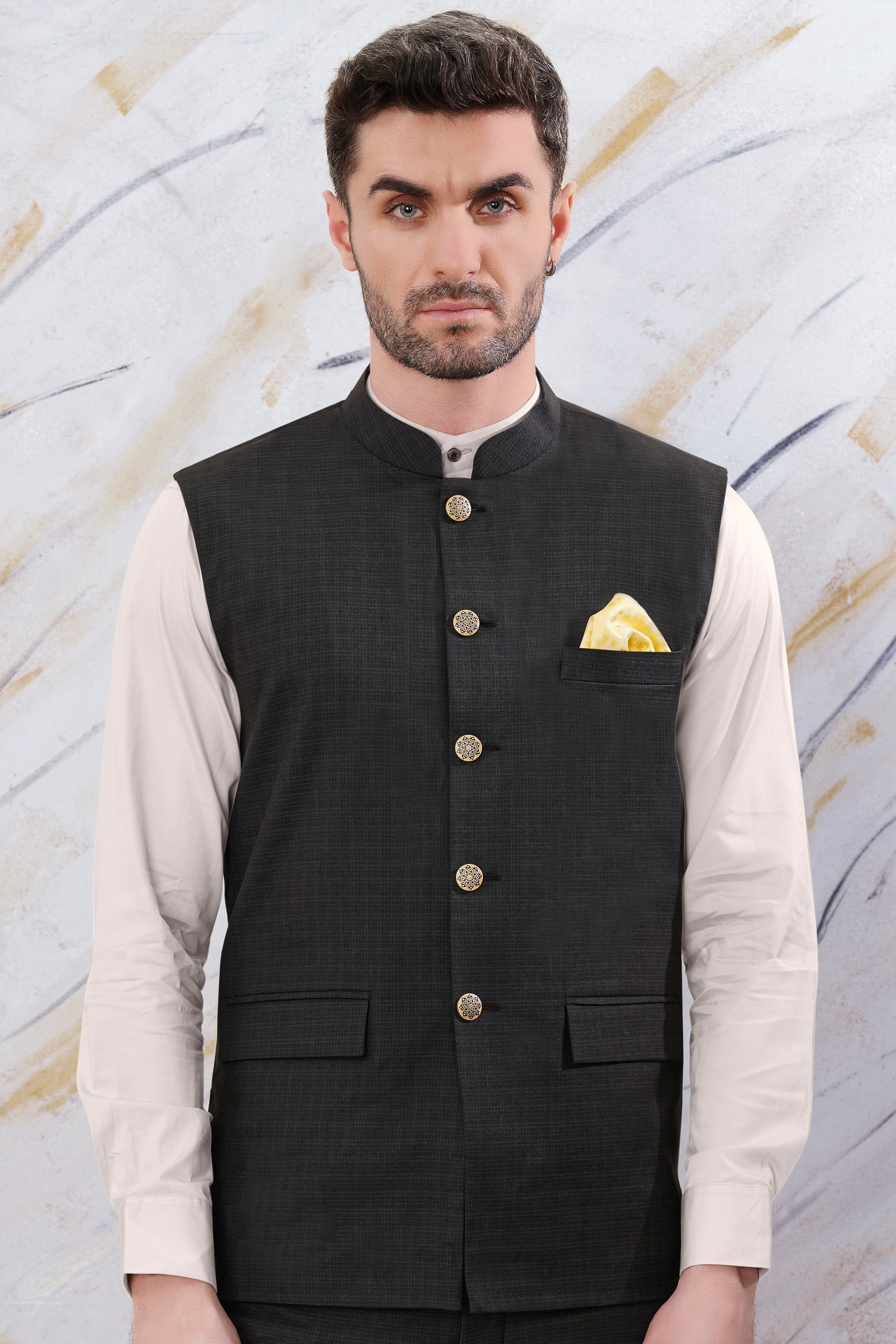 Woven Polyester Nehru Jacket in Black : MZJ10