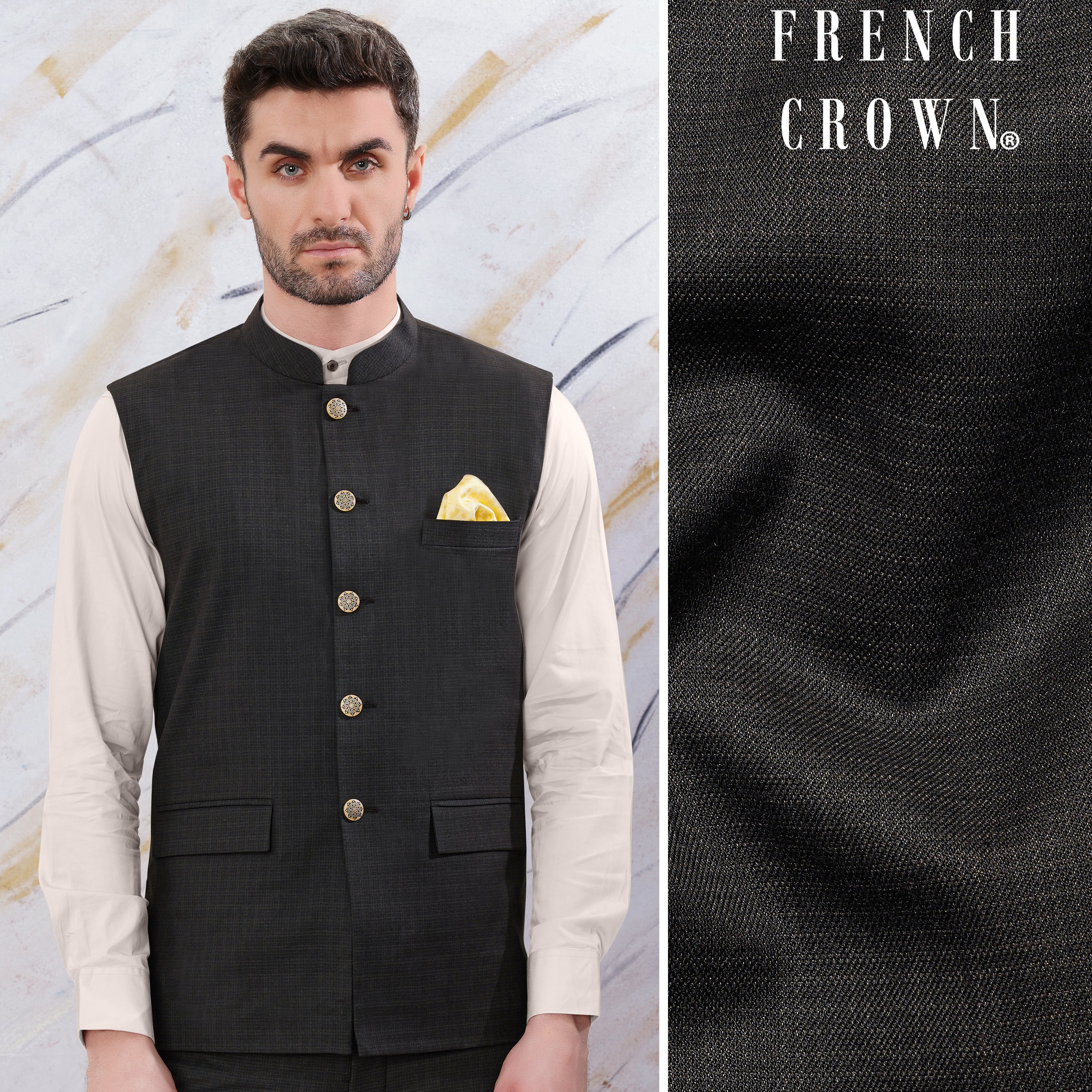 Cowl Style Resham Work Black Nehru Jacket Set