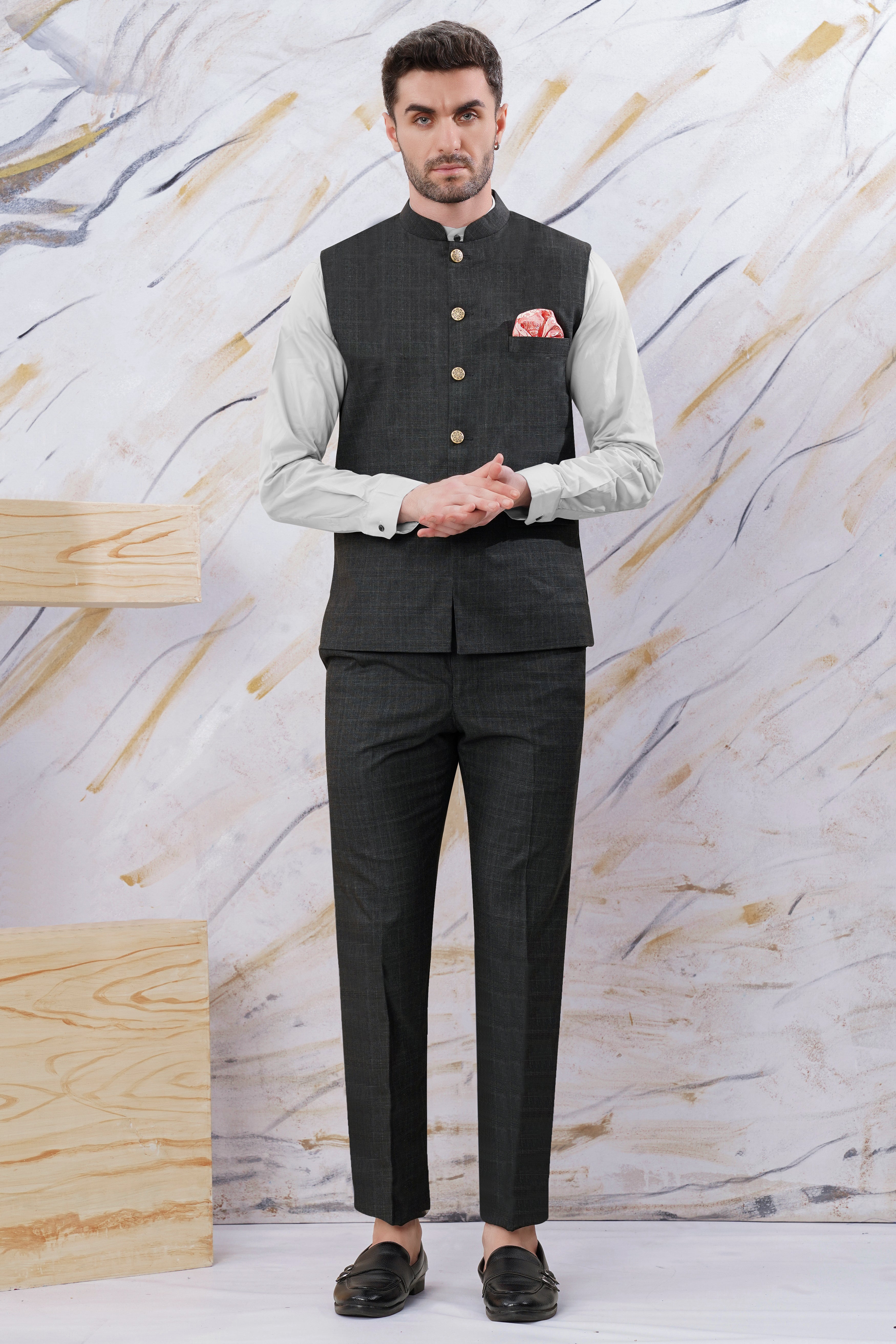 Iridium Gray Subtle Checkered Wool Rich Bandhgala Nehru Jacket
