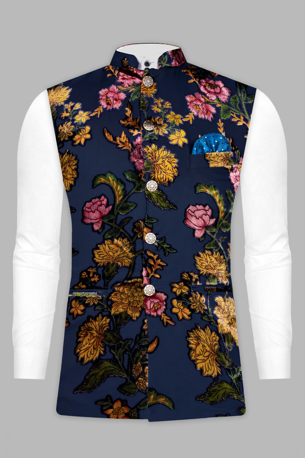 MARTINIQUE BLUE AND ANZAC YELLOW MULTICOLOUR FLORAL PRINTED VELVET DESIGNER NEHRU JACKET