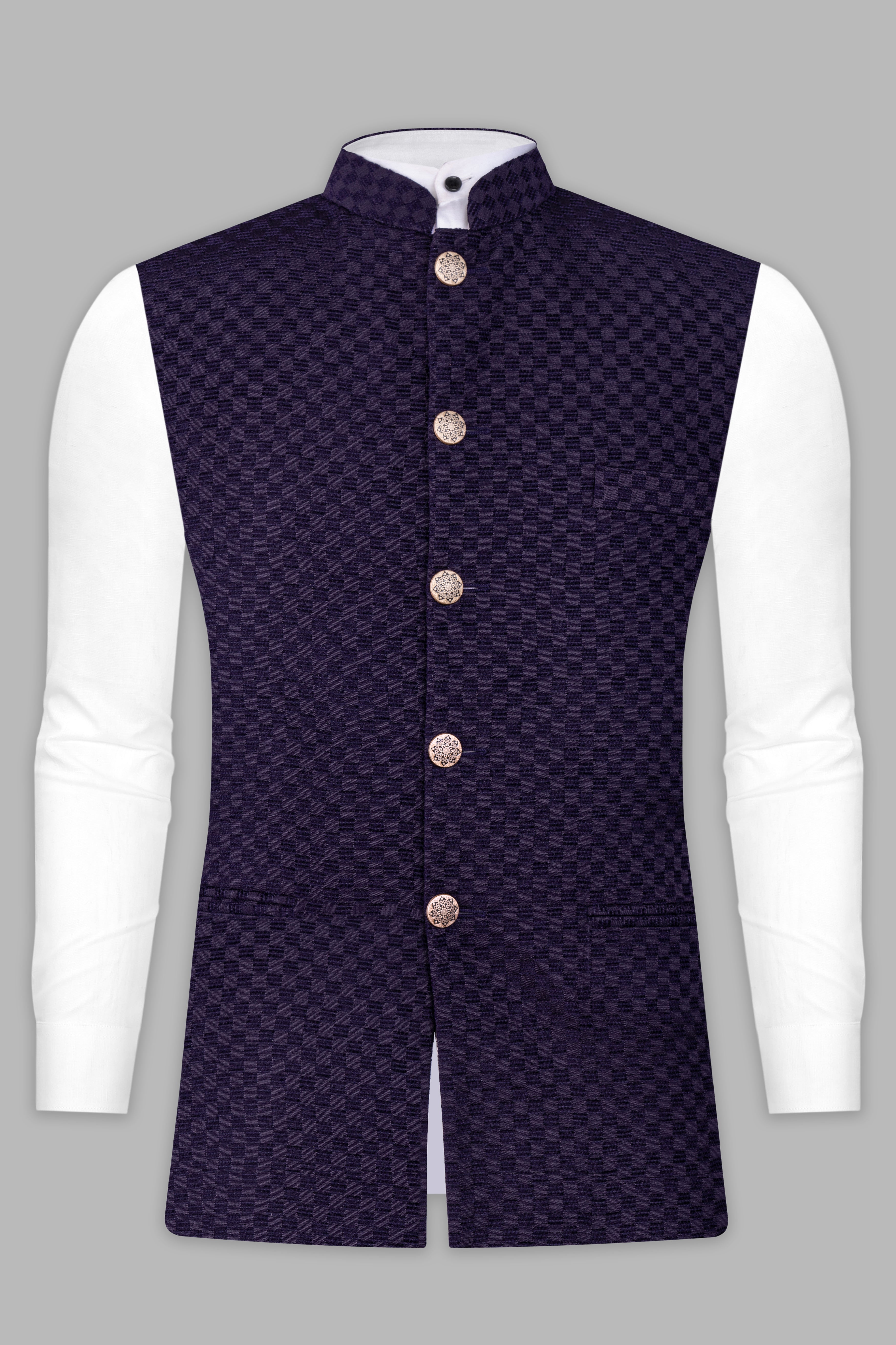 Ebony Blue Checkerboard Jacquard Textured Nehru Jacket