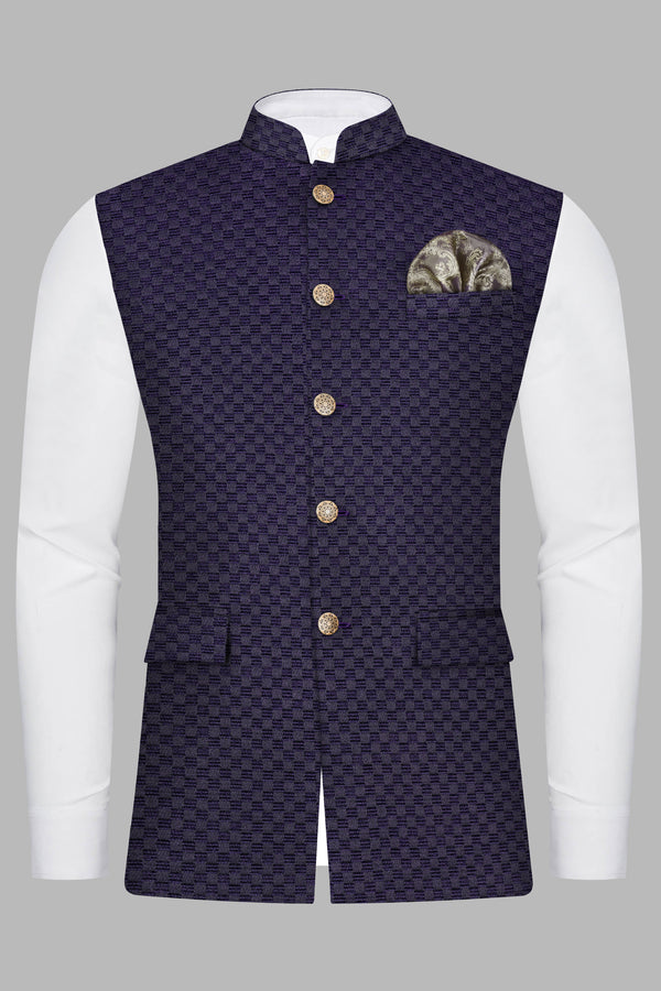 Ebony Purple Checkerboard Jacquard Textured Nehru Jacket