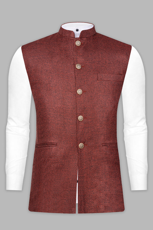 Merlot Red Textured Nehru Jacket