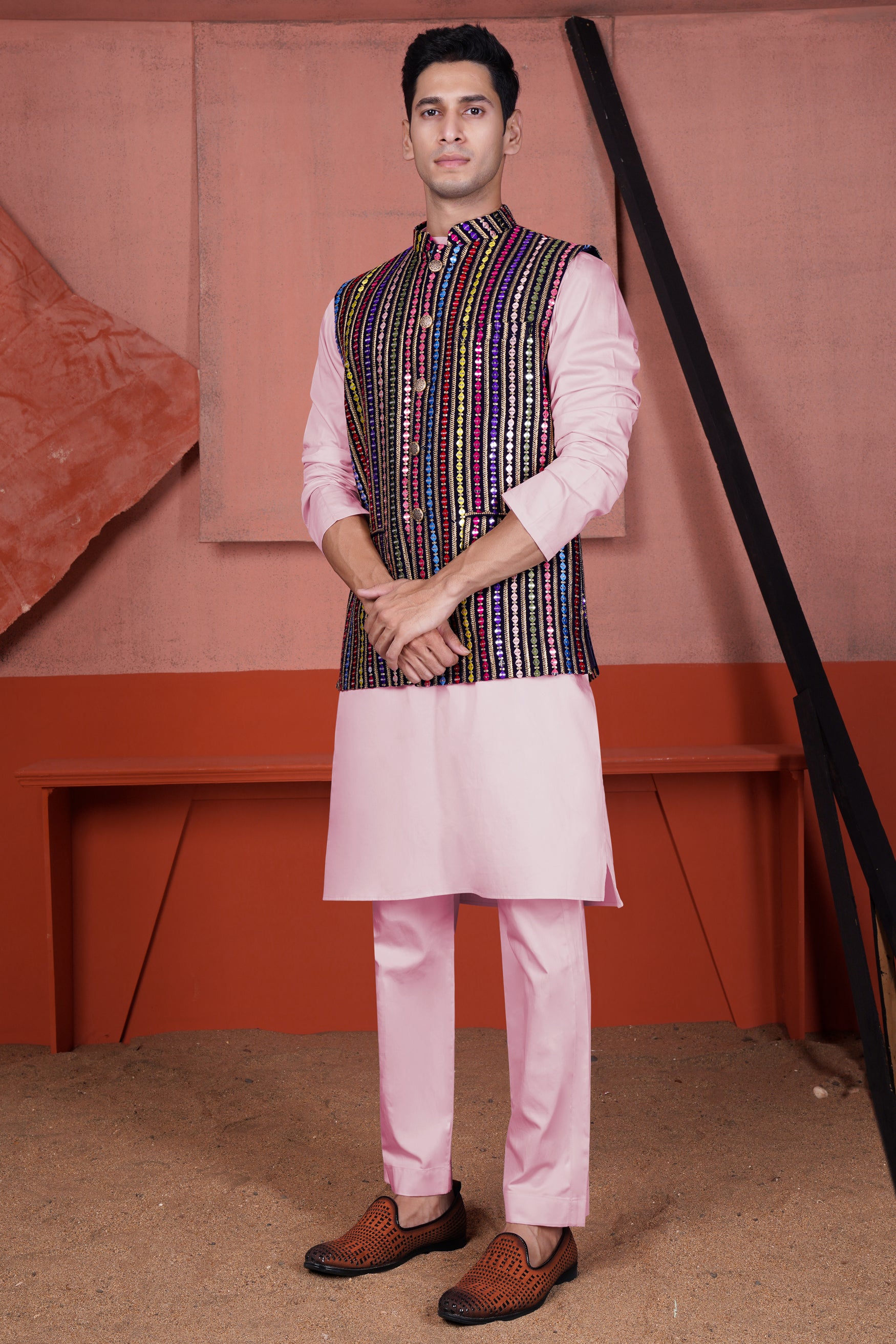 Ebony Blue and Cerise Pink Vertical Thread and Sequin Embroidered Designer Nehru Jacket