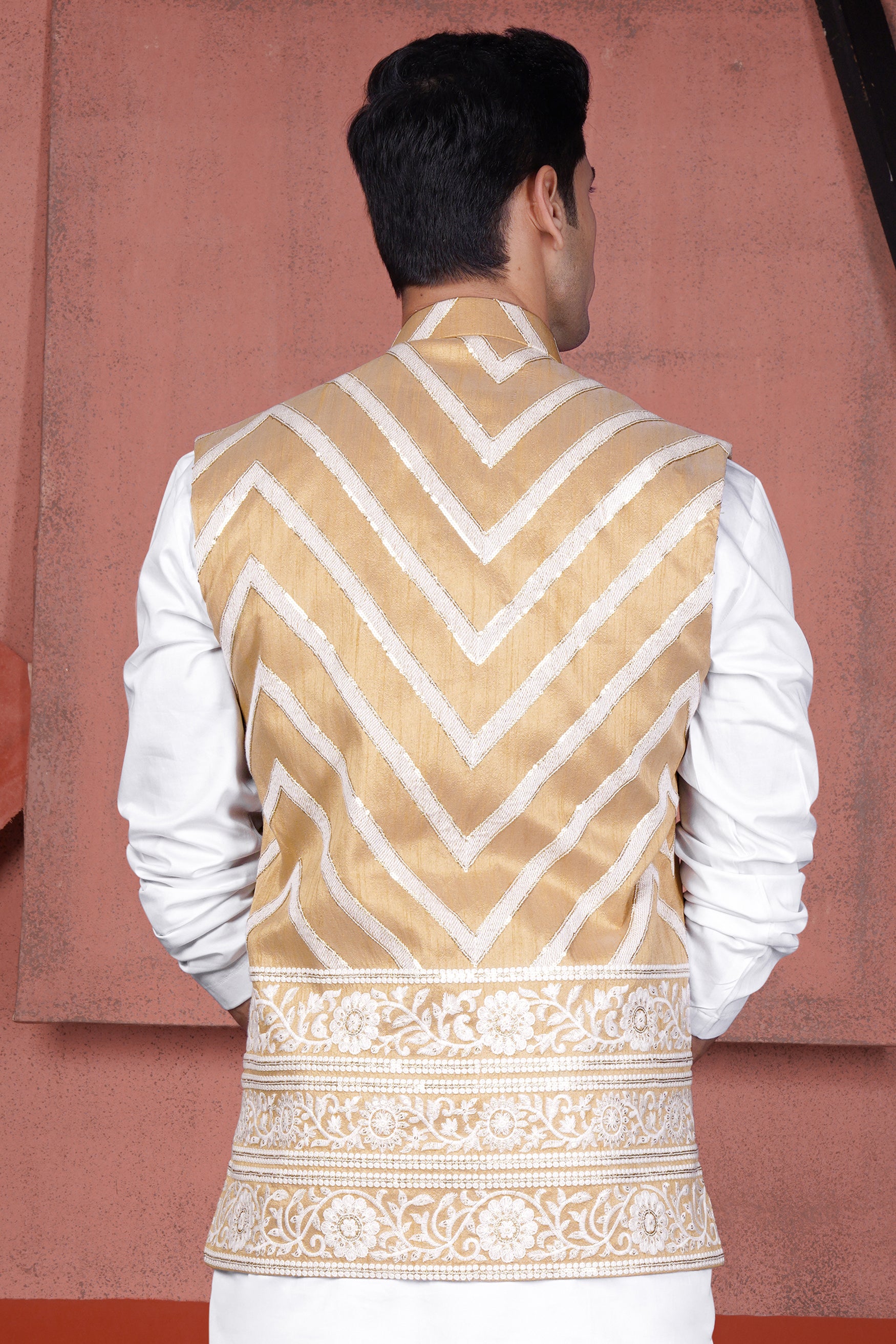 Antique Brown and Merino Cream Zig Zag Cotton Thread Embroidered Designer Nehru Jacket