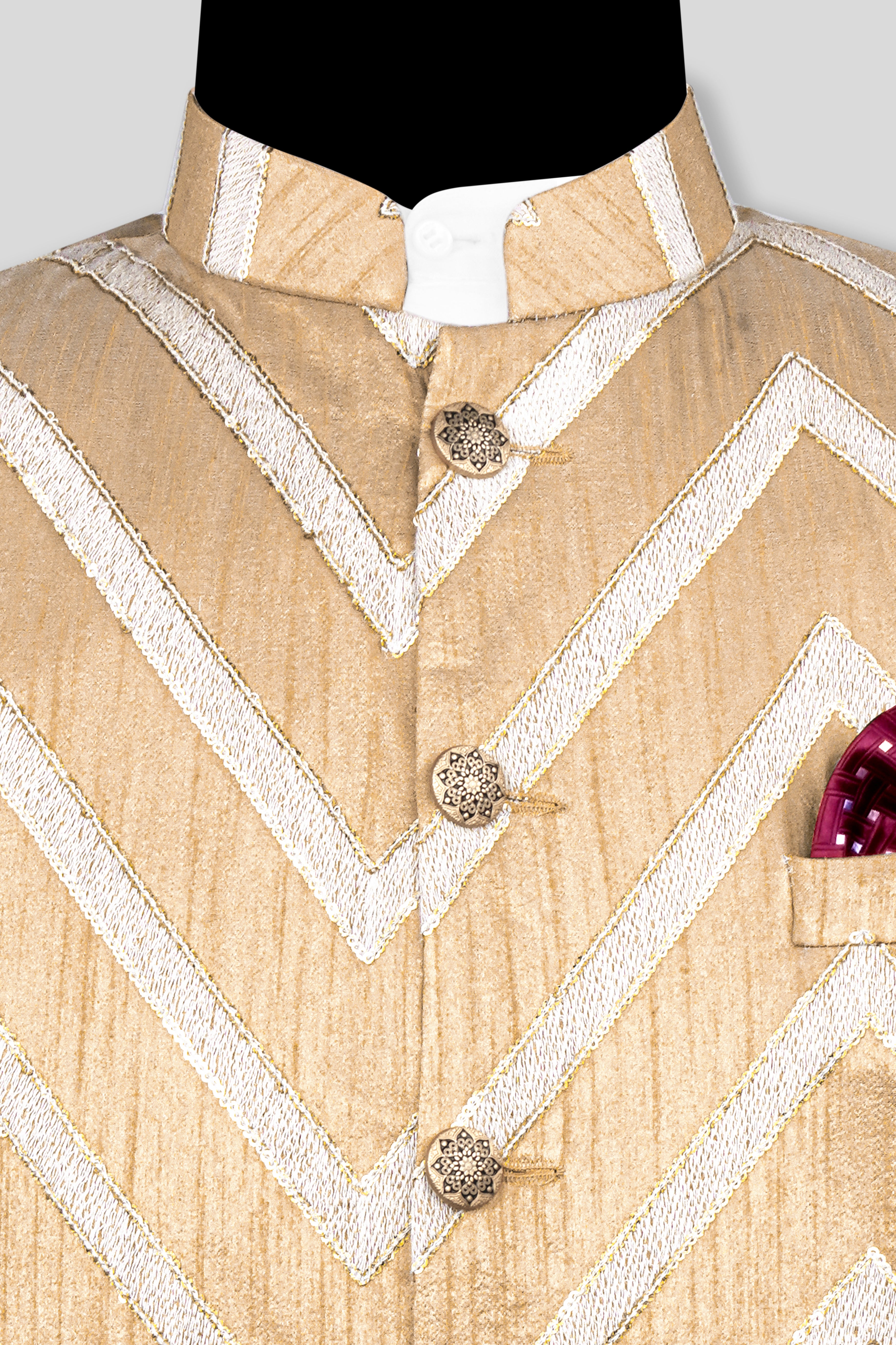 Antique Brown and Merino Cream Zig Zag Cotton Thread Embroidered Designer Nehru Jacket