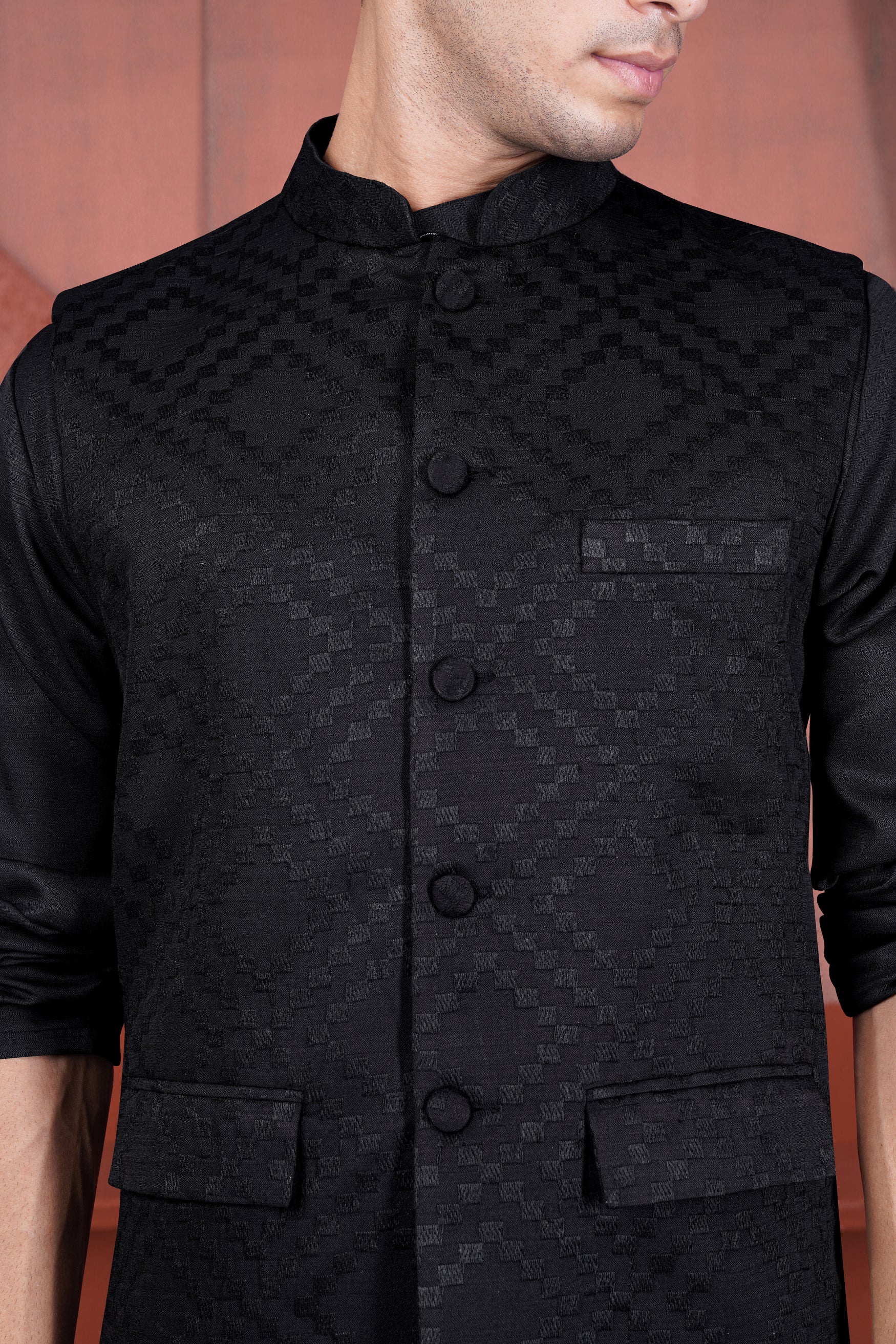 Jade Black Viscose Embroidered Designer Nehru Jacket