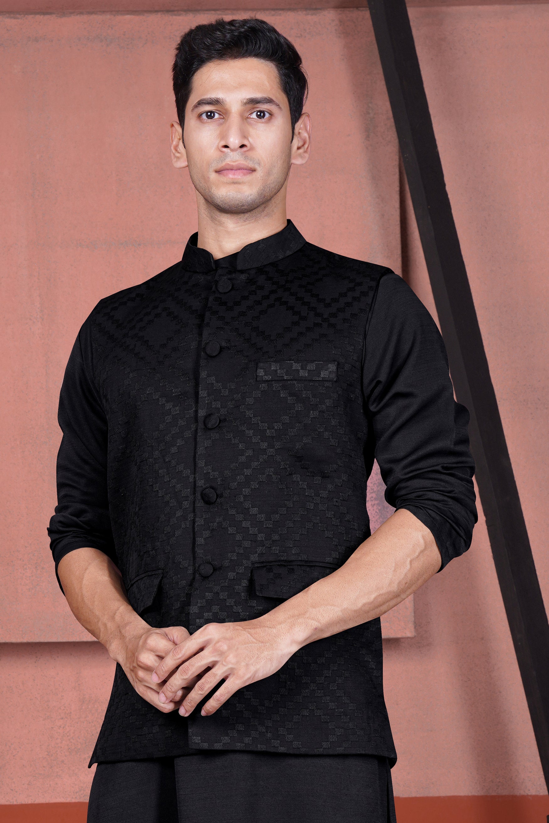 Jade Black Viscose Embroidered Designer Nehru Jacket