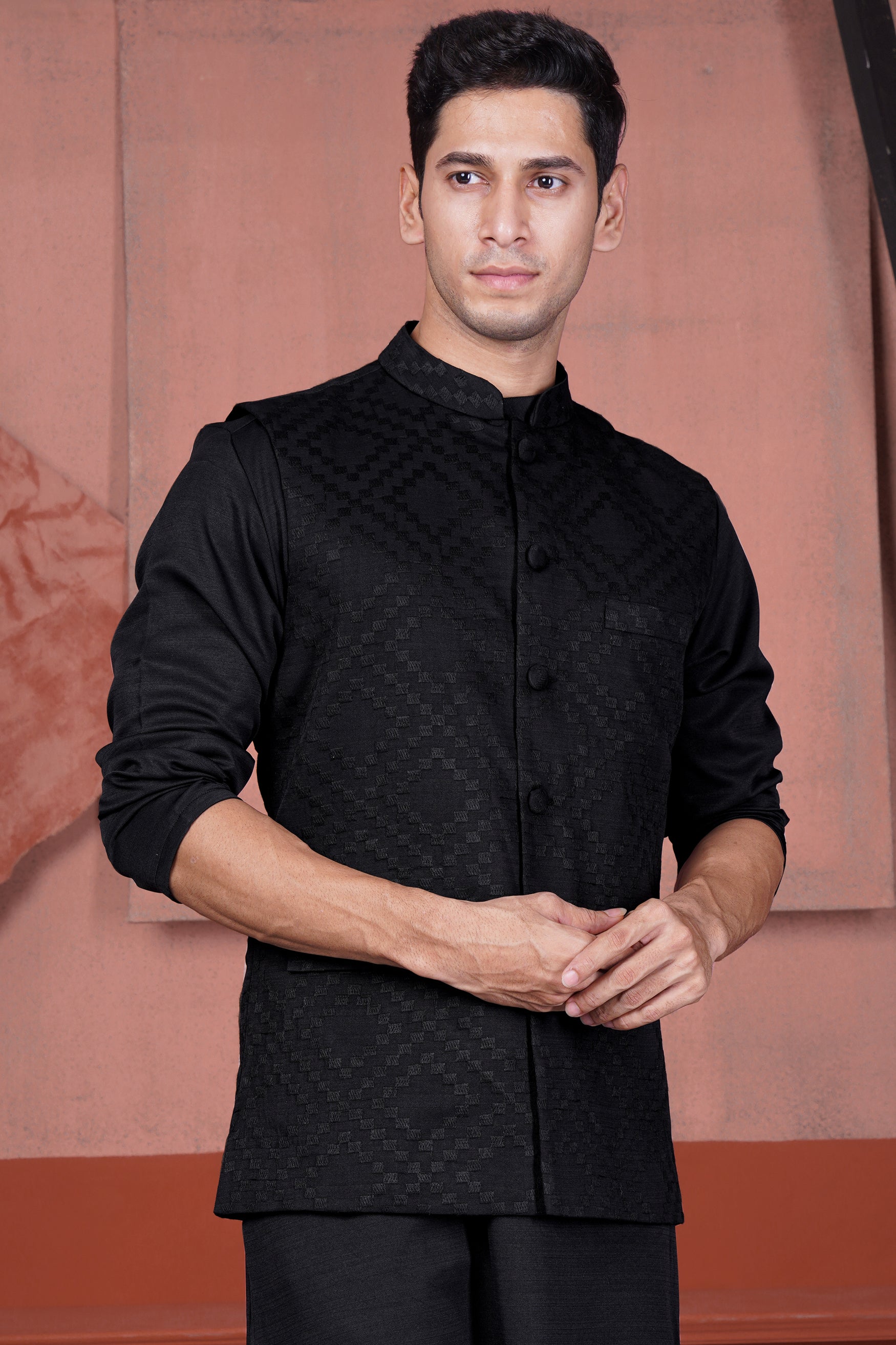 Jade Black Viscose Embroidered Designer Nehru Jacket