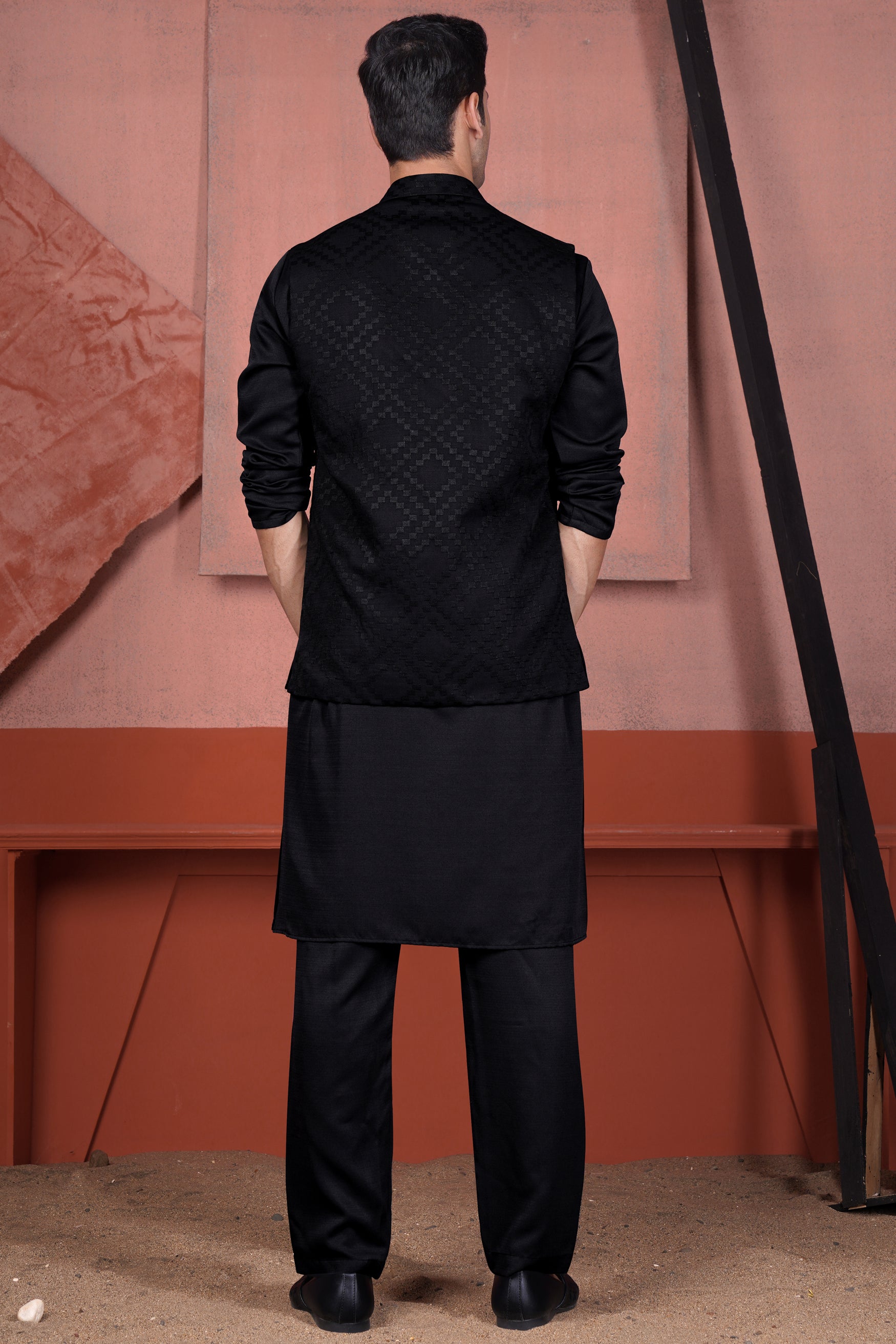 Jade Black Viscose Embroidered Designer Nehru Jacket