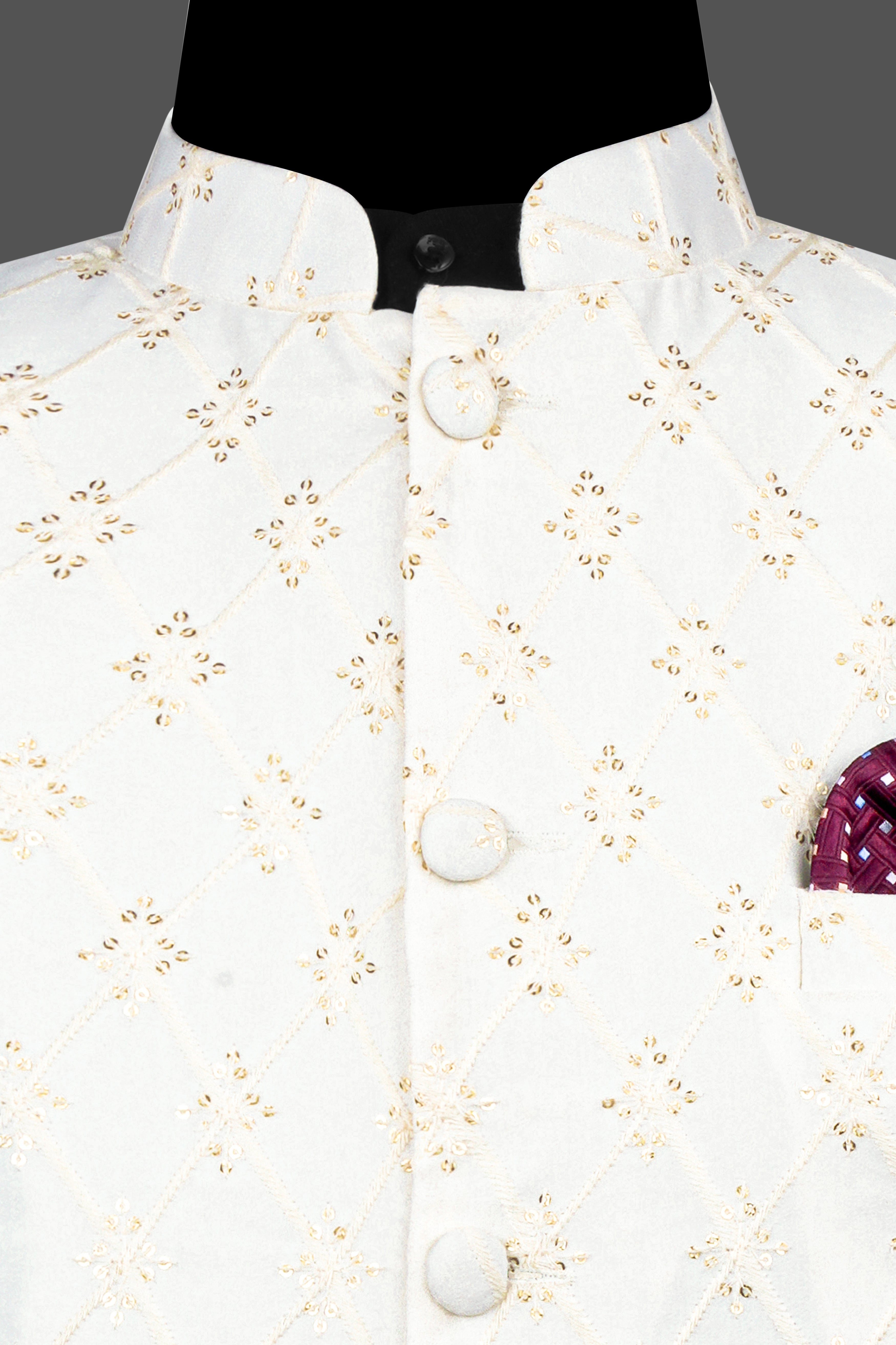 Ecru Cream Viscose Floral Embroidered with Tikki Work Designer Nehru Jacket