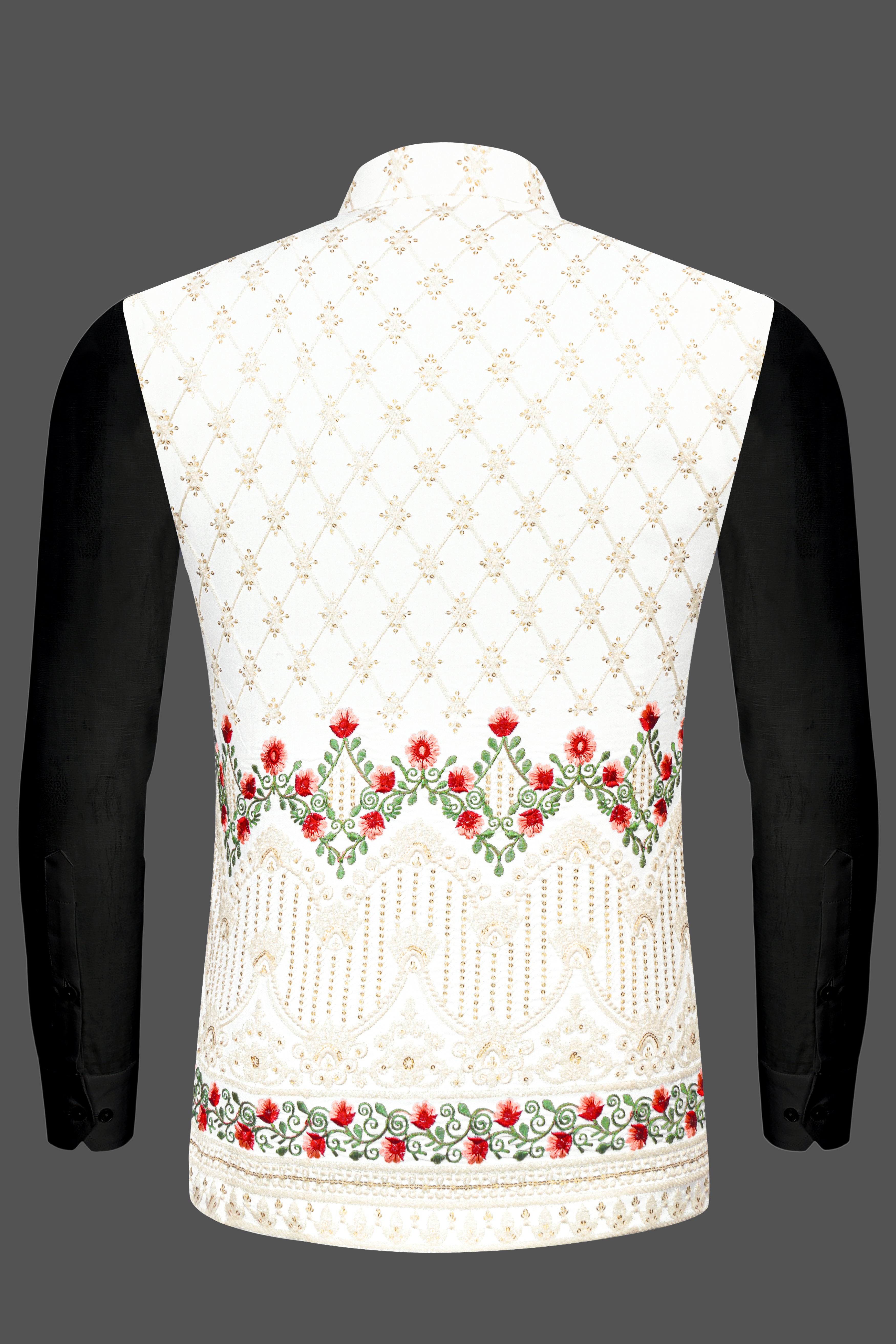 Ecru Cream Viscose Floral Embroidered with Tikki Work Designer Nehru Jacket