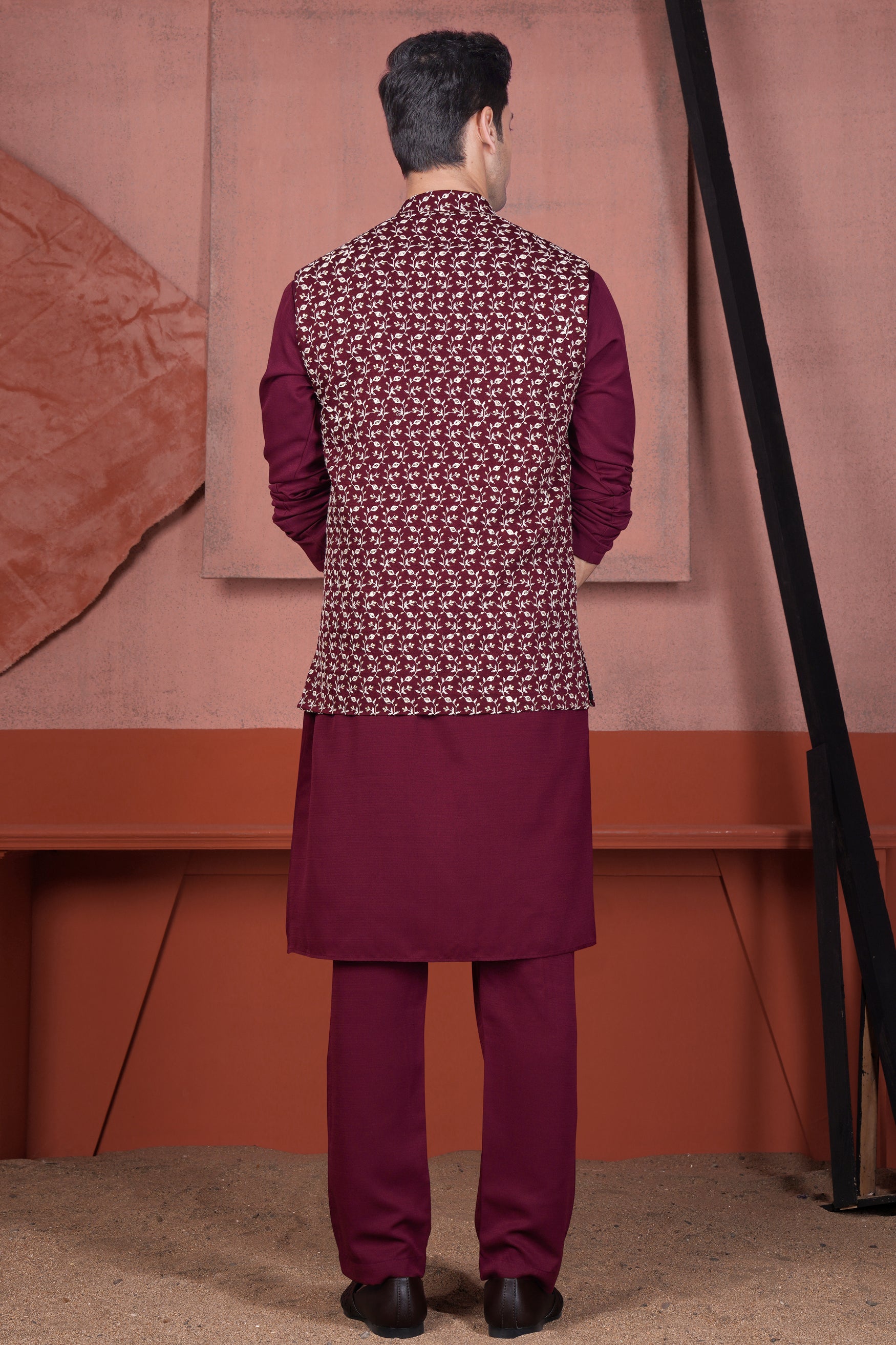 Mulberry Maroon Viscose Ditsy Embroidered With Tikki Work Designer Nehru Jacket