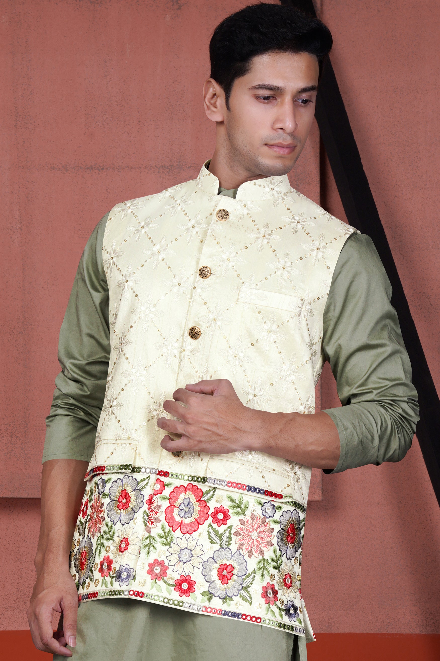 Merino Cream and Terra Pink Floral Cotton Thread Embroidered Designer Nehru Jacket