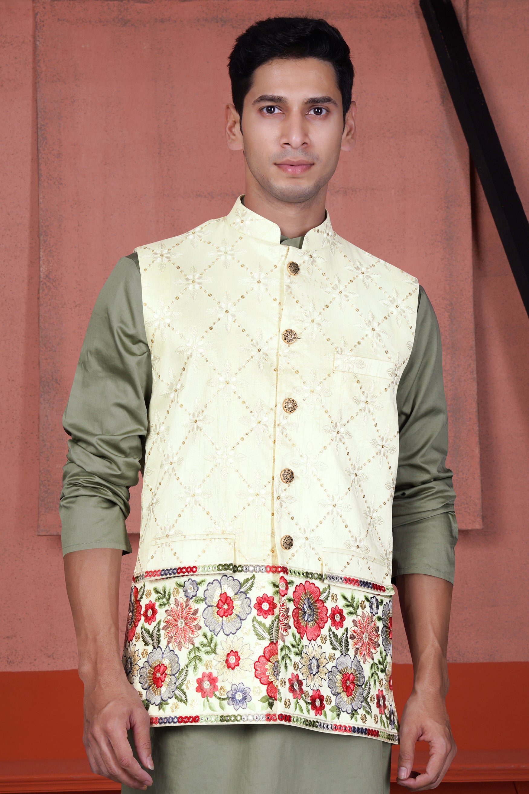 Merino Cream and Terra Pink Floral Cotton Thread Embroidered Designer Nehru Jacket