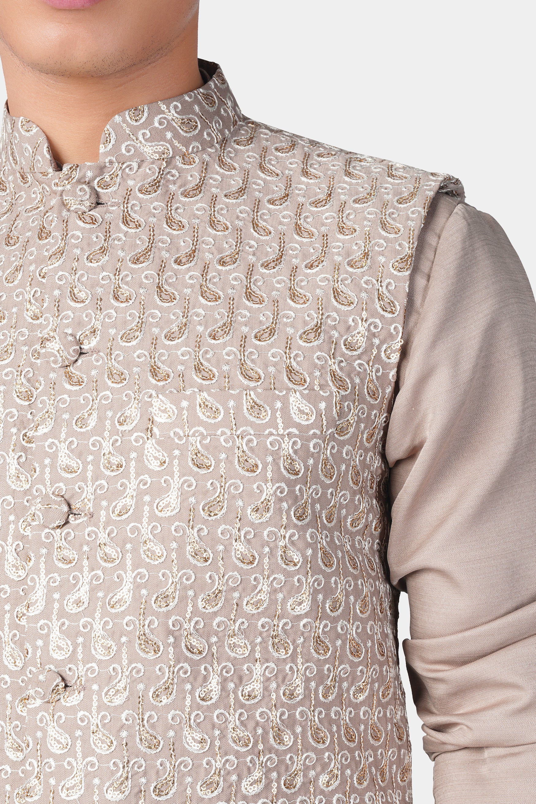 Foggy Brown Paisley Pattern Thread and Sequin Embroidered Designer Viscose Nehru Jacket