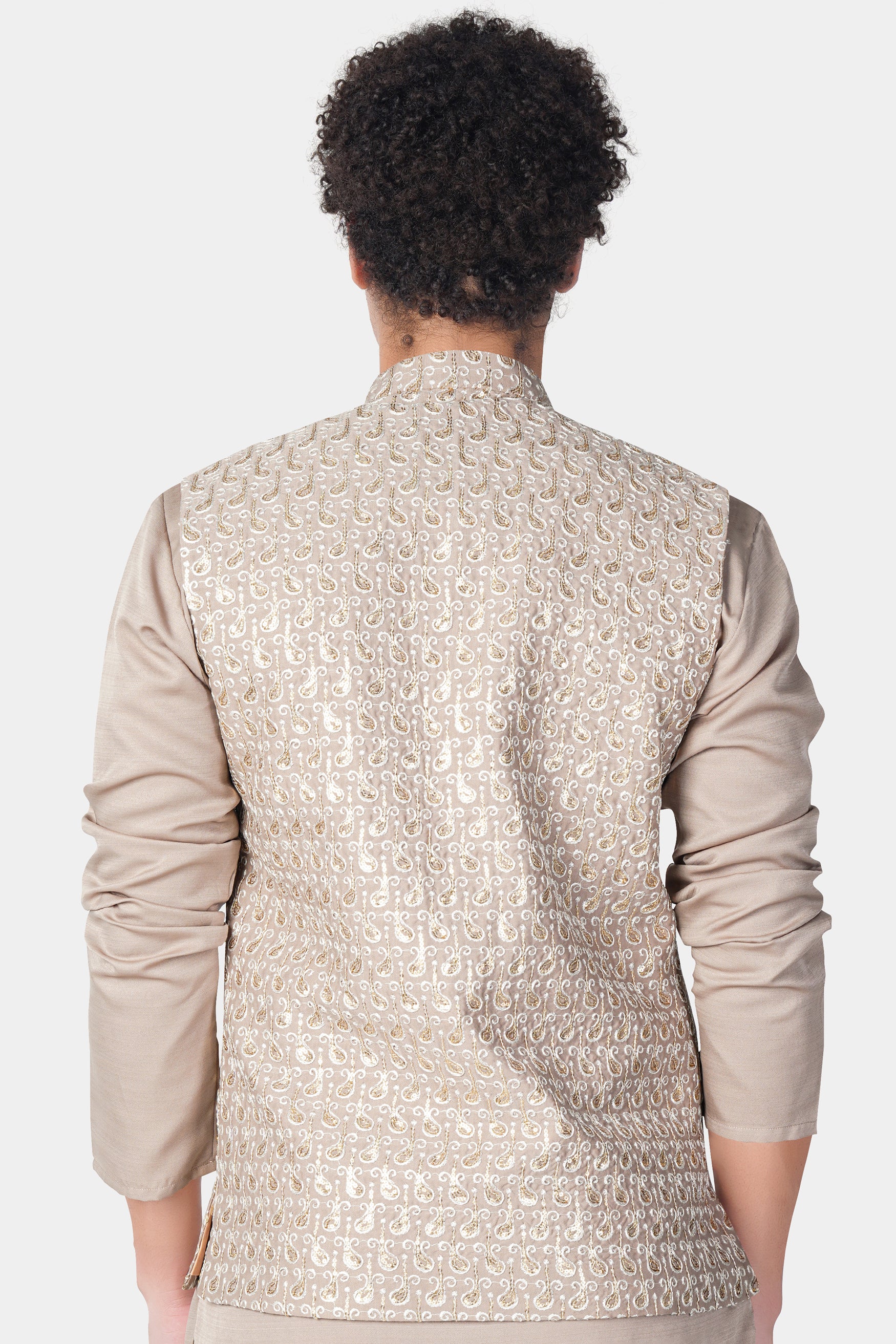 Foggy Brown Paisley Pattern Thread and Sequin Embroidered Designer Viscose Nehru Jacket