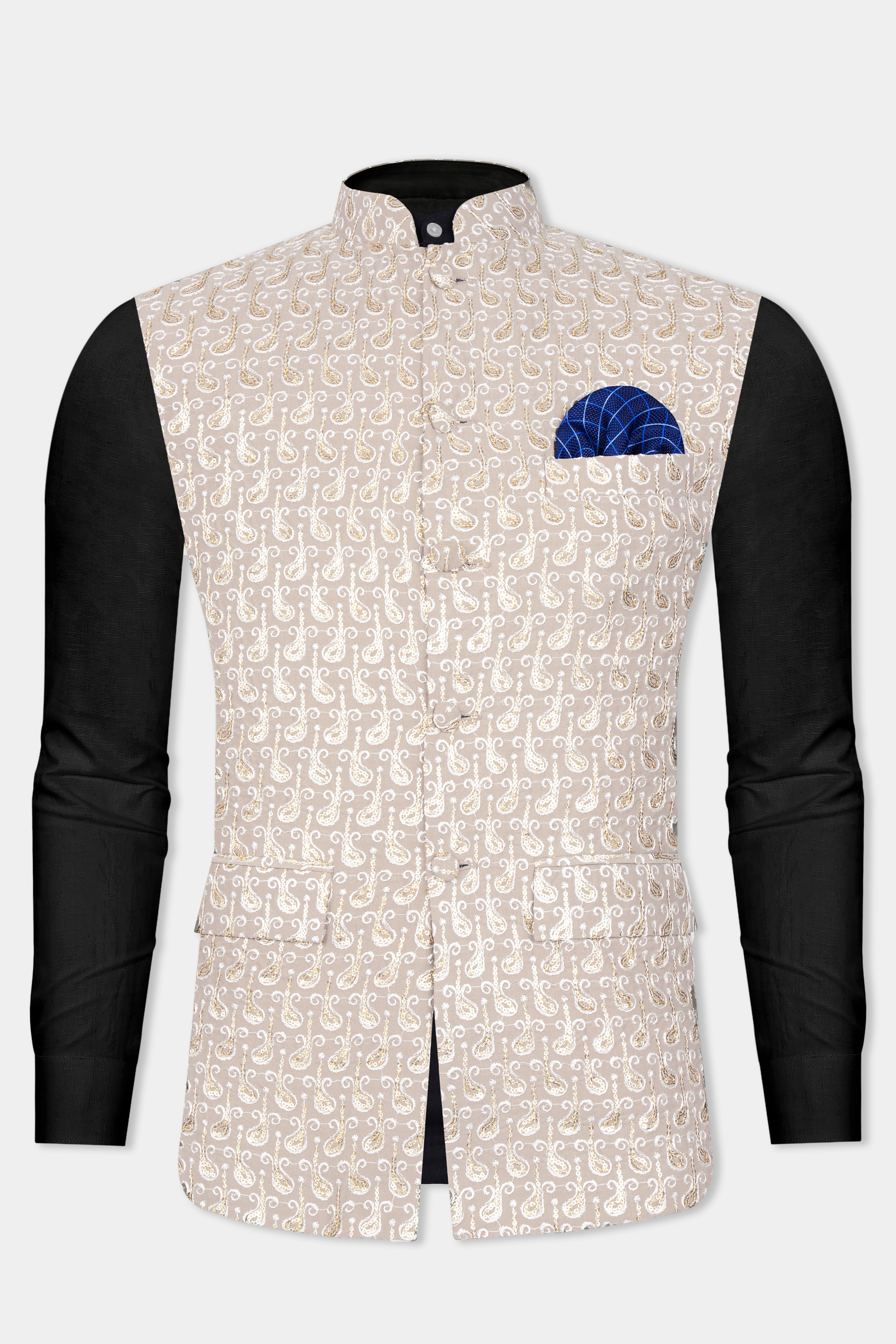 Foggy Brown Paisley Pattern Thread and Sequin Embroidered Designer Viscose Nehru Jacket