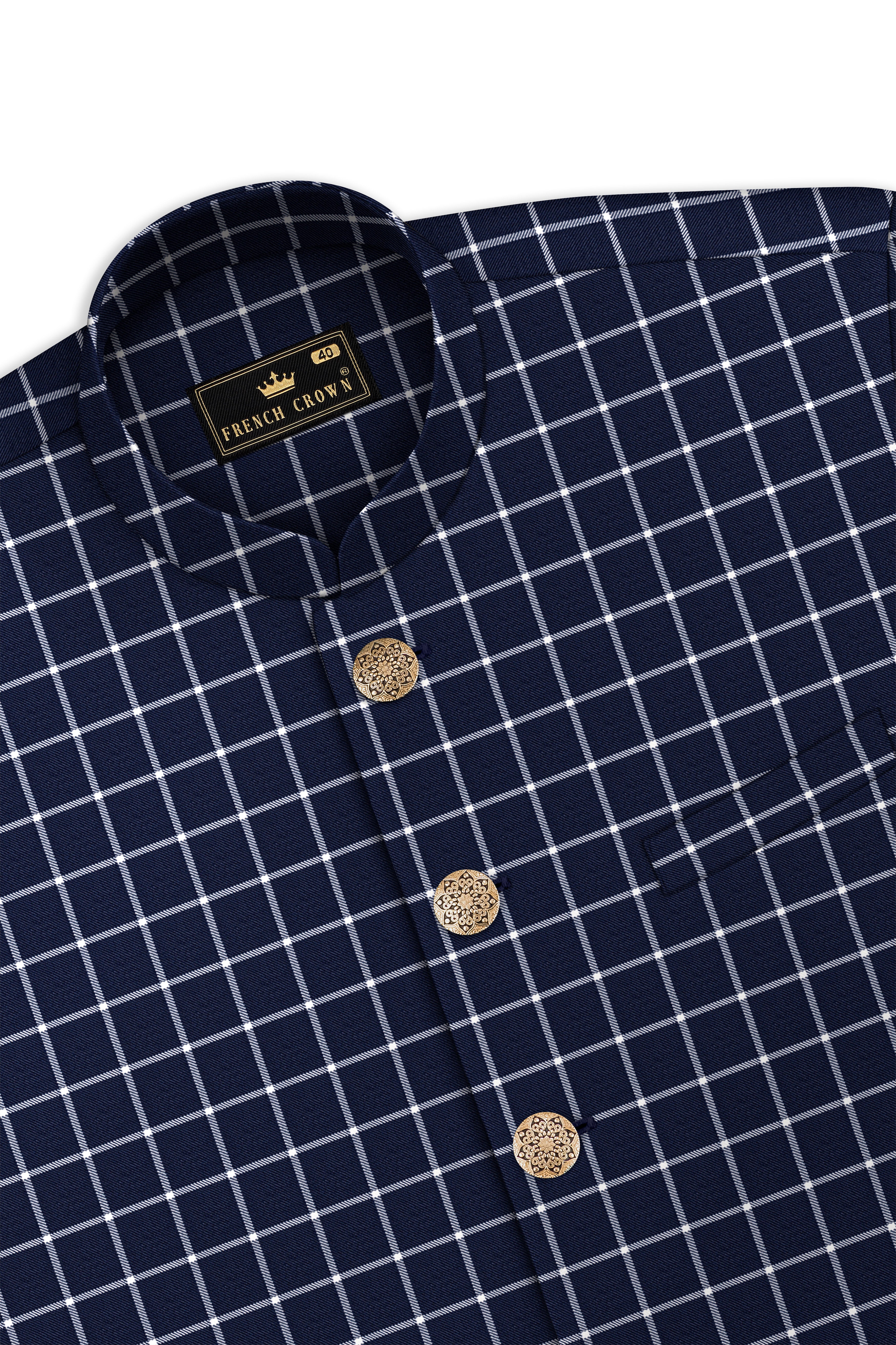 Panevik-Admiral Blue and White Windowpane Wool Rich Nehru Jacket