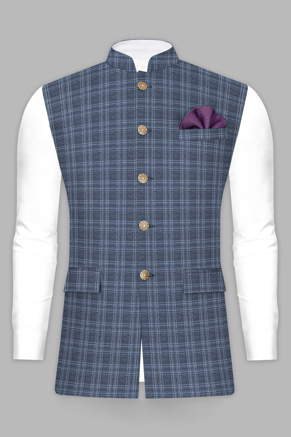 Dolphin And Casper Blue Checkered Wool Rich Nehru jacket