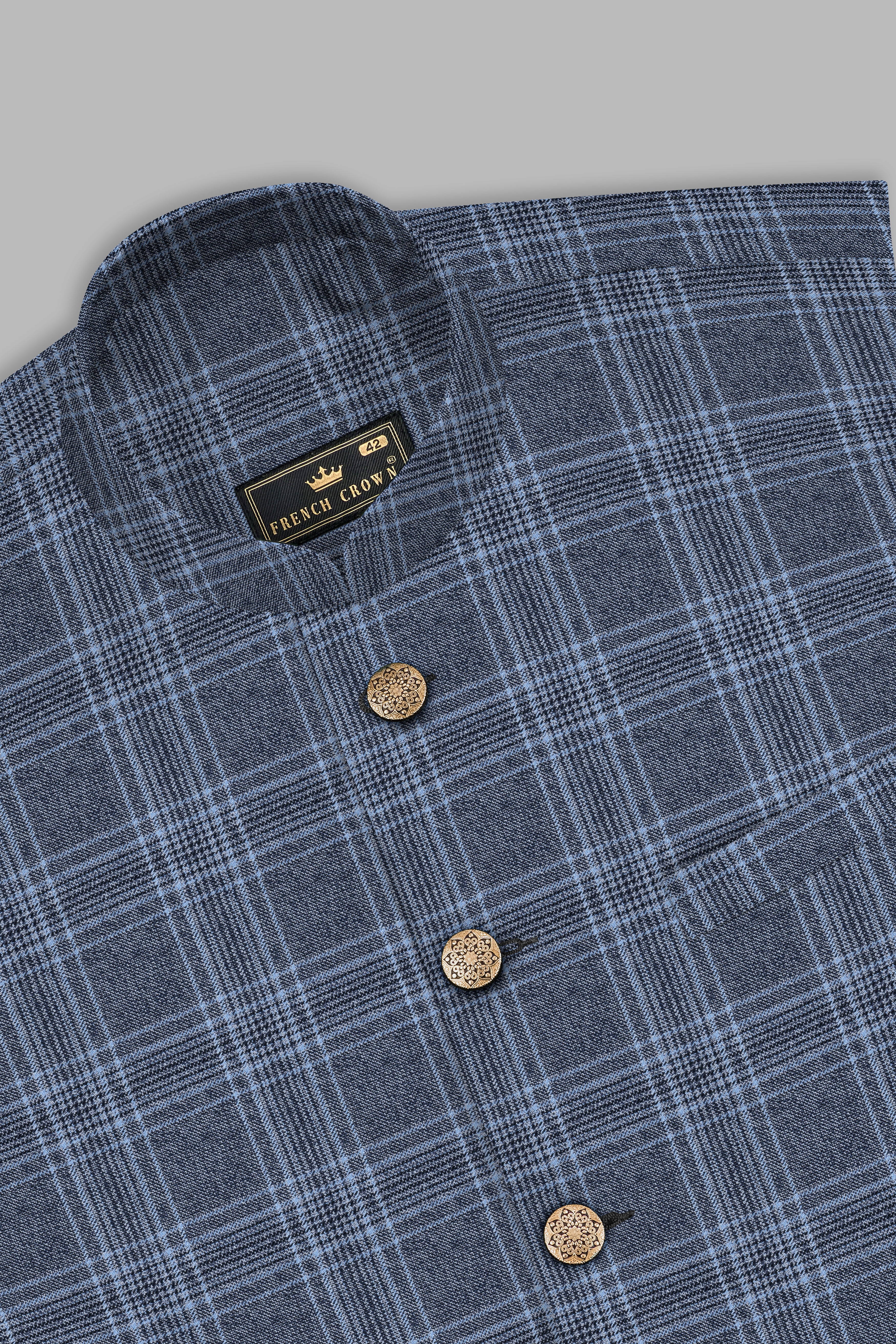 Dolphin And Casper Blue Checkered Wool Rich Nehru jacket