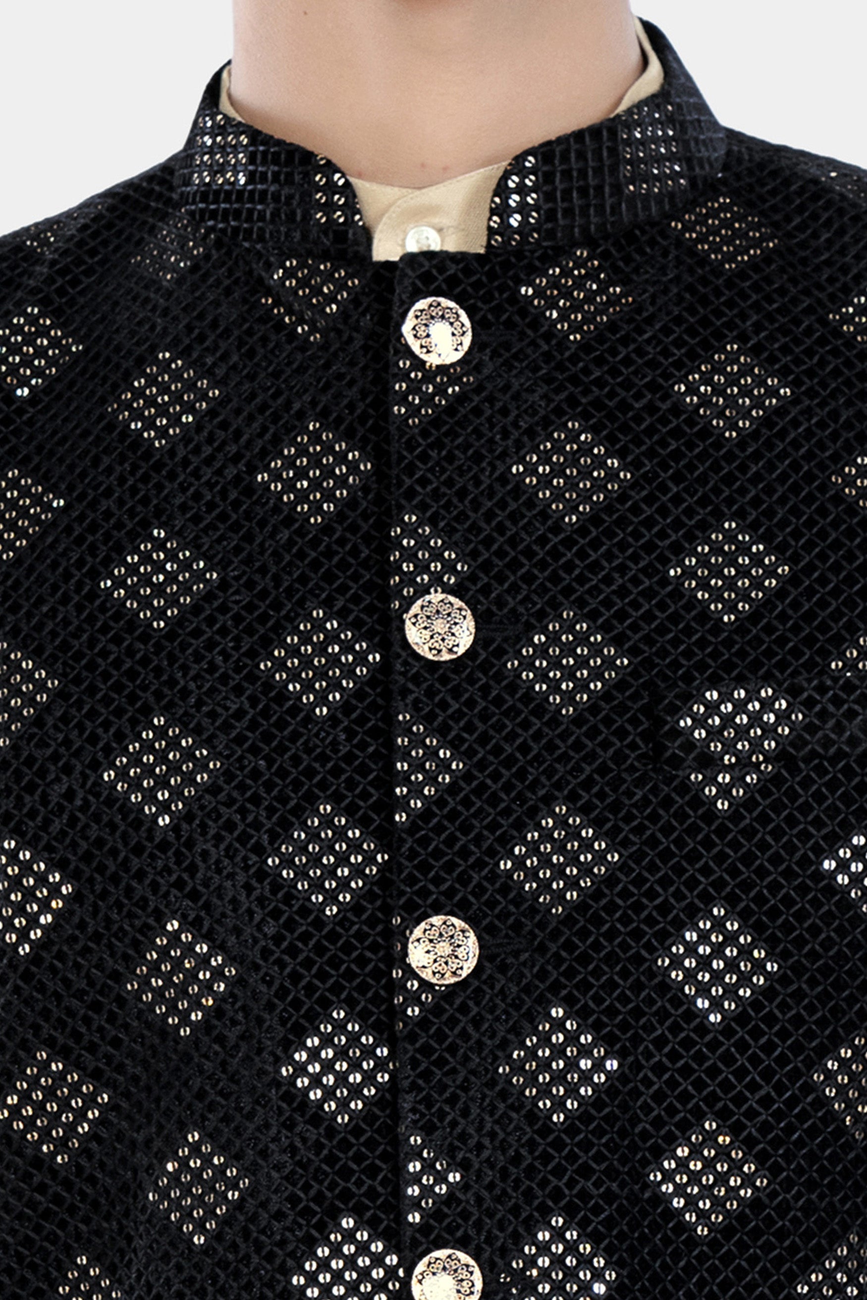 Jade Black Geometric Sequin and Thread Embroidered Designer Nehru Jacket