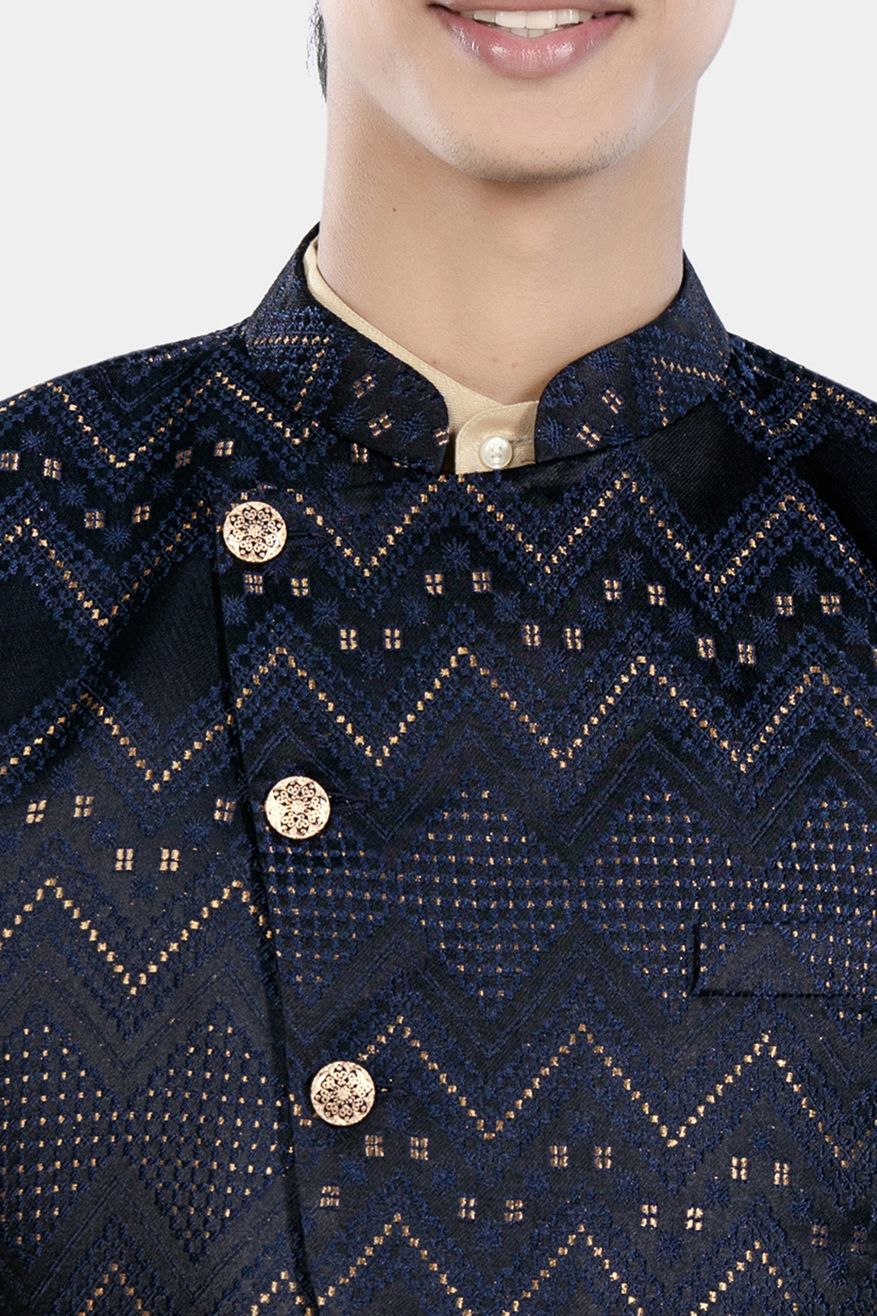 Bunker and Cloud Burst Blue Chevron Thread Embroidered Designer Nehru Jacket