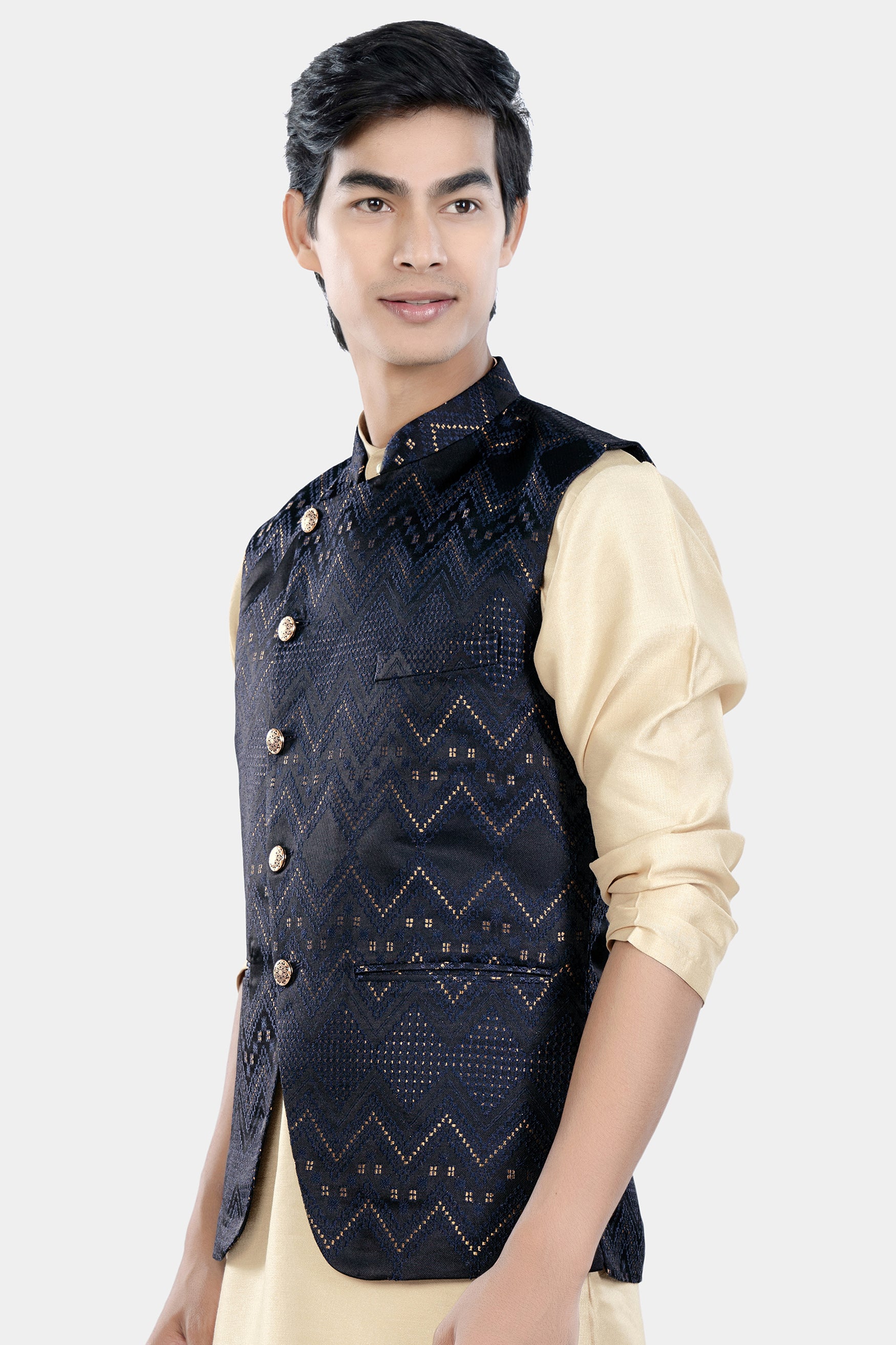 Bunker and Cloud Burst Blue Chevron Thread Embroidered Designer Nehru Jacket