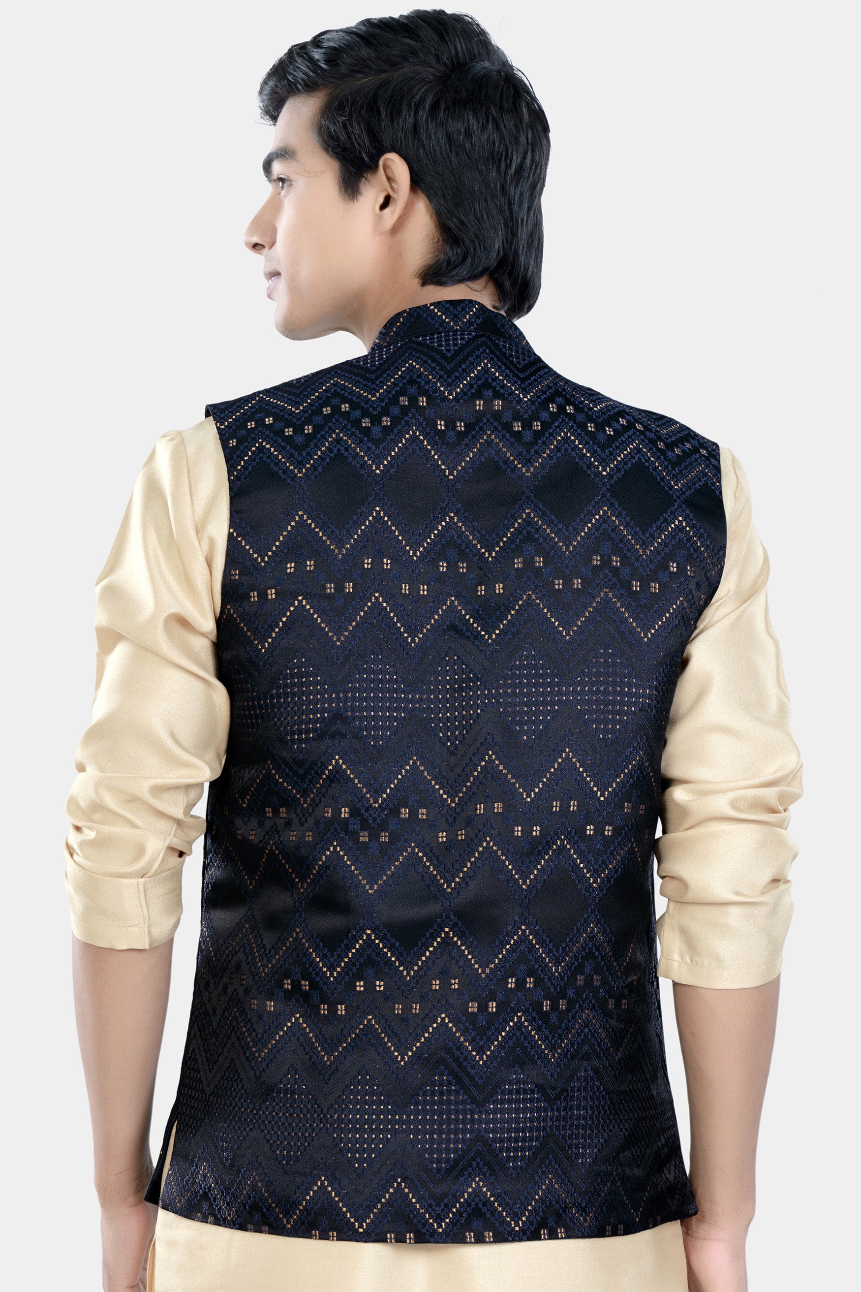 Bunker and Cloud Burst Blue Chevron Thread Embroidered Designer Nehru Jacket