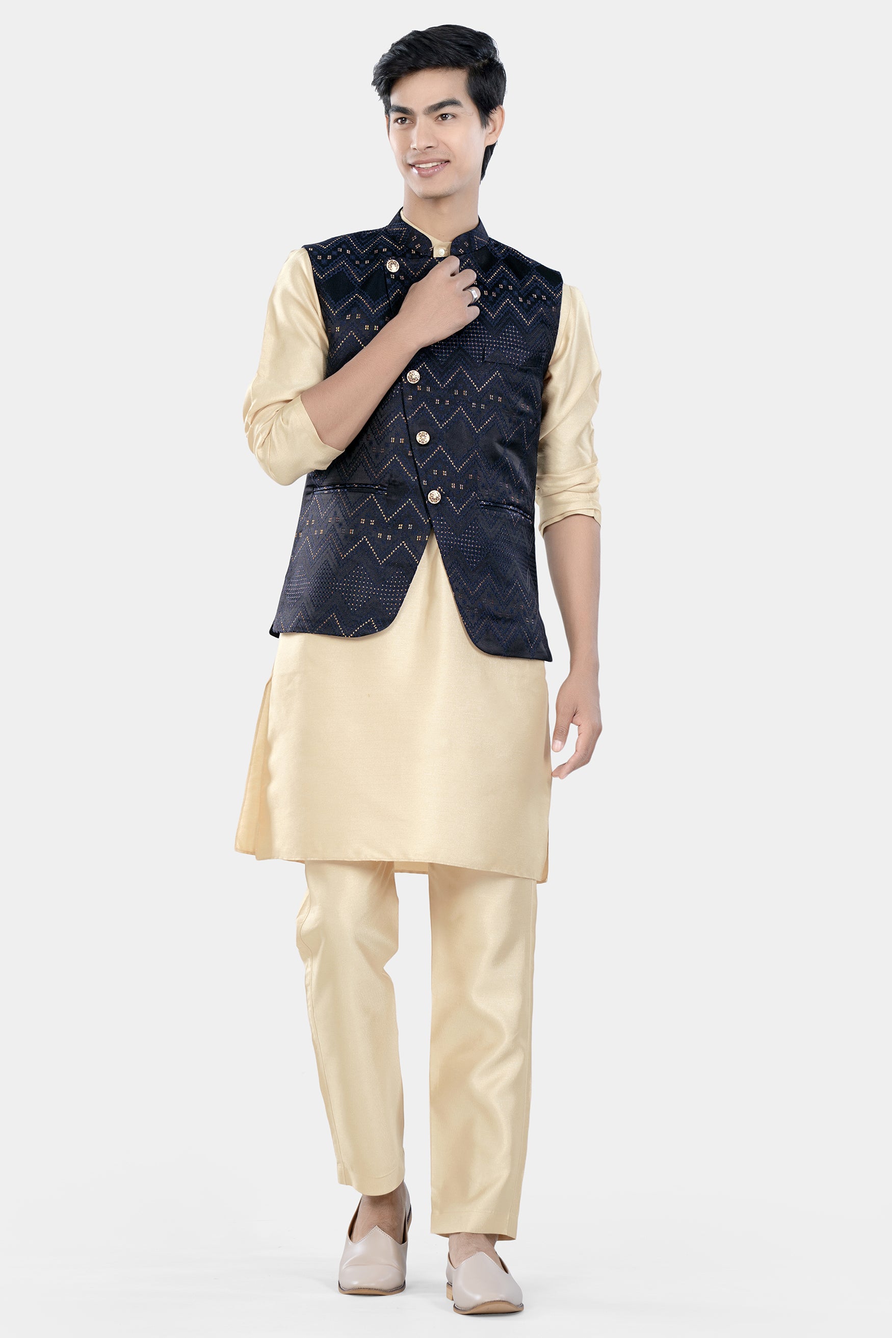 Bunker and Cloud Burst Blue Chevron Thread Embroidered Designer Nehru Jacket