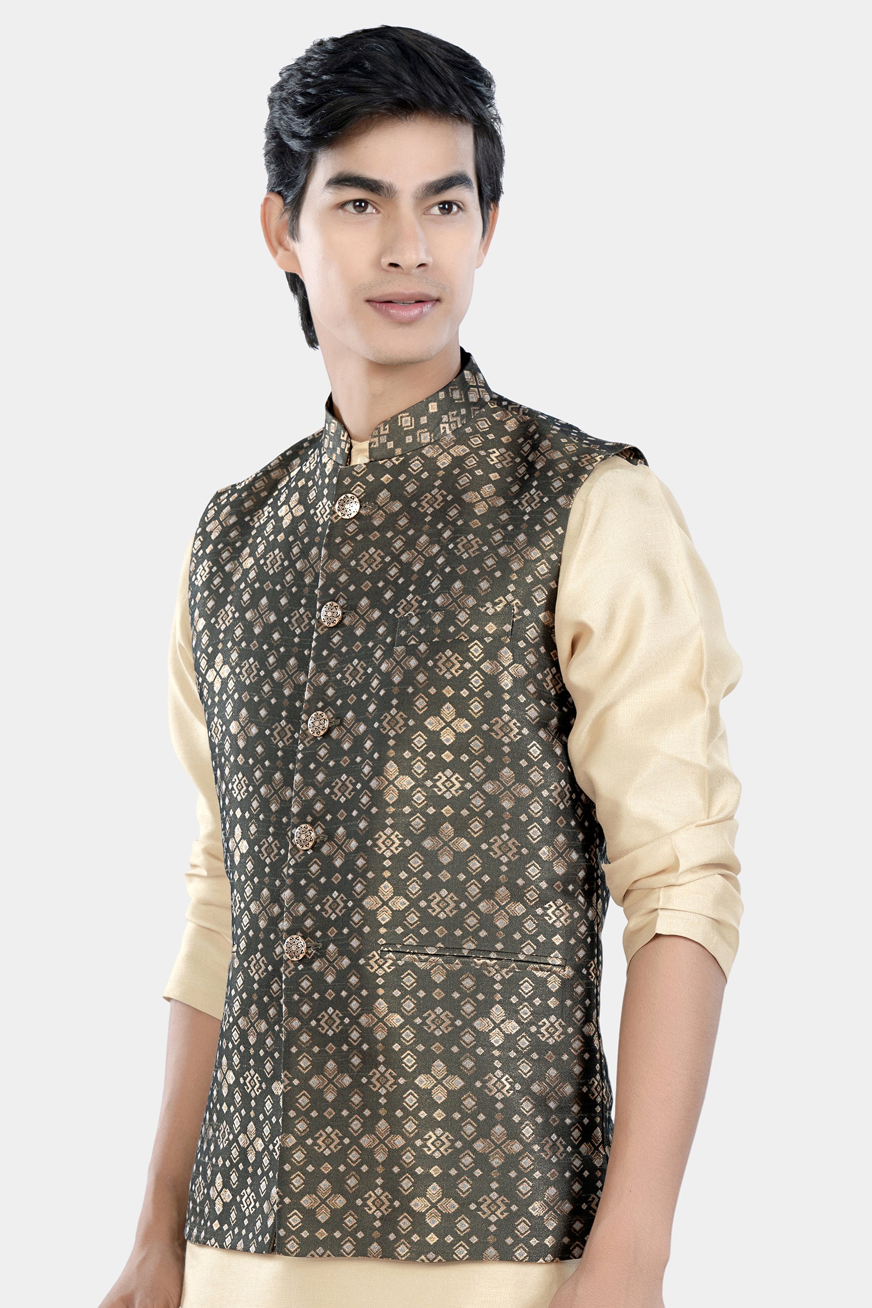 Fuscous Green and Mongoose Brown Floral Jacquard Textured Designer Nehru Jacket