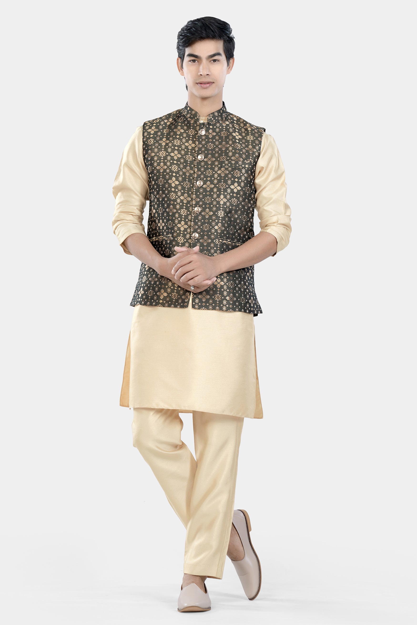 Fuscous Green and Mongoose Brown Floral Jacquard Textured Designer Nehru Jacket