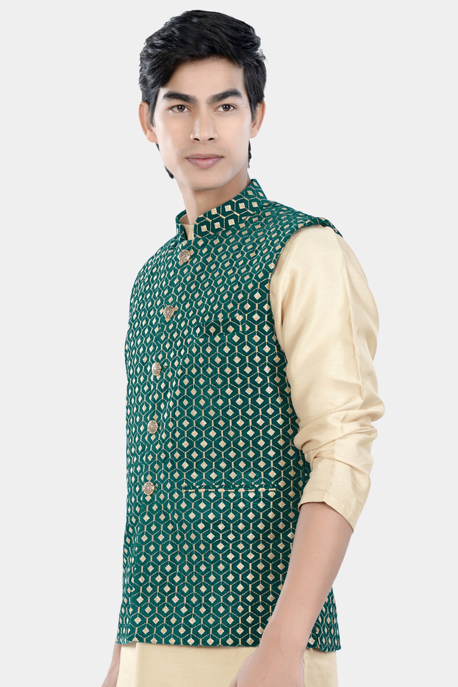 Sherpa Green and Givry Cream Hexagon Sequin and Thread Embroidered Designer Nehru Jacket