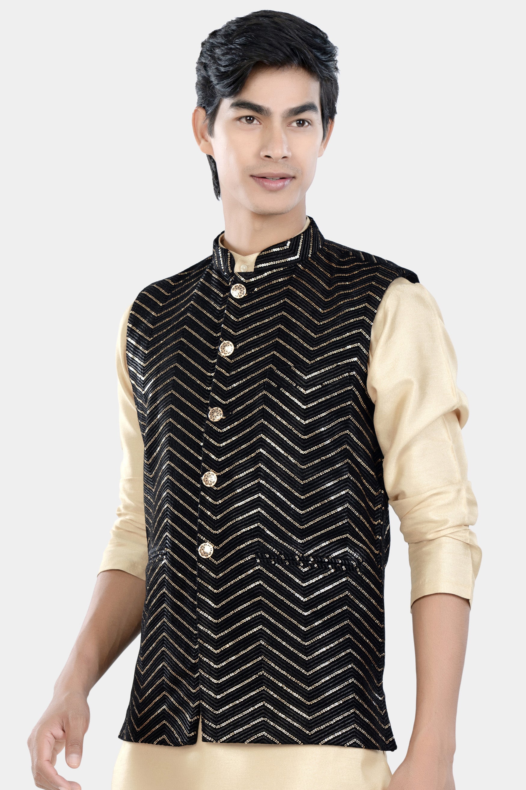 Jade Black Chevron Thread and Sequin Embroidered Designer Nehru Jacket