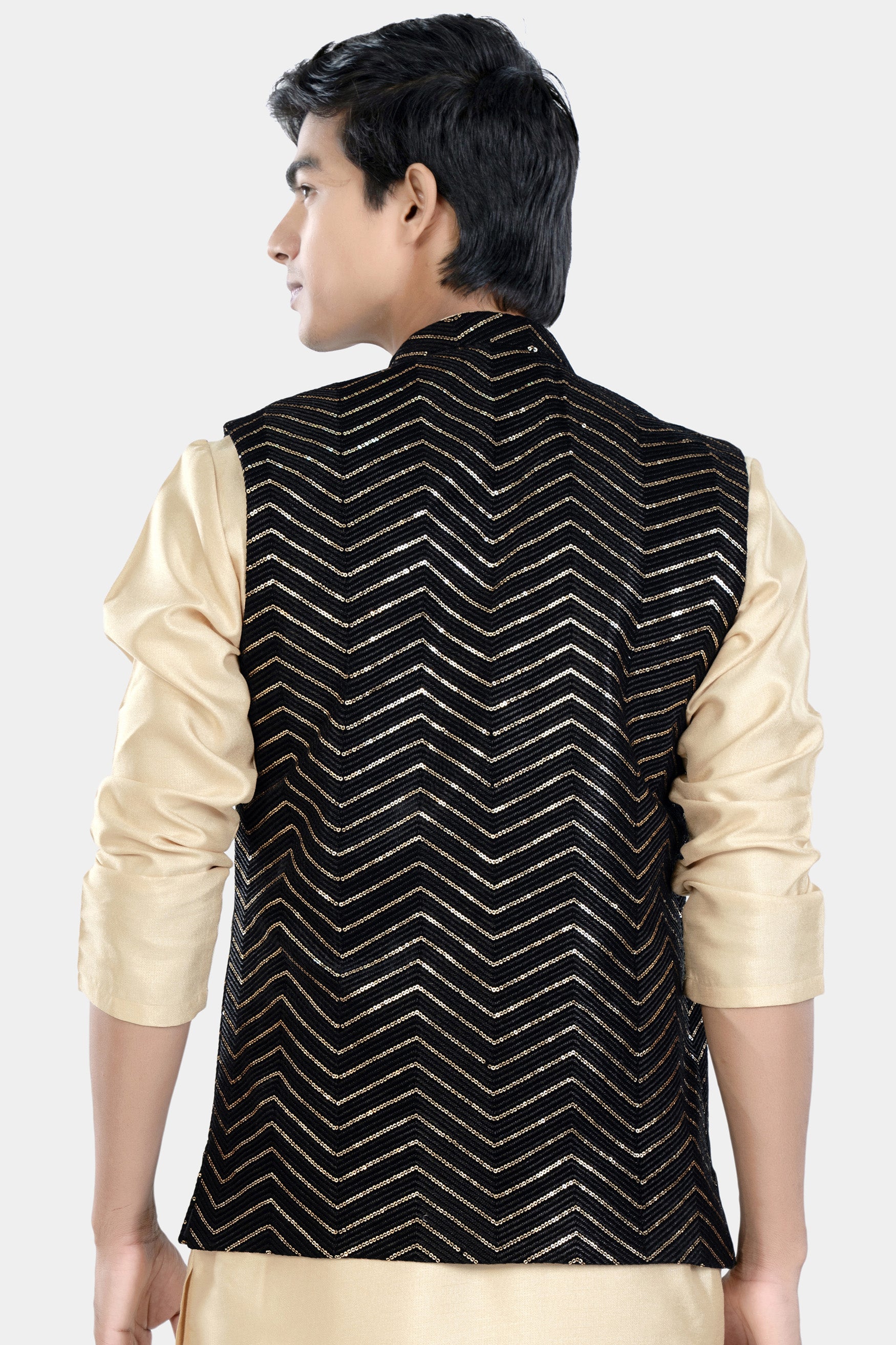 Jade Black Chevron Thread and Sequin Embroidered Designer Nehru Jacket