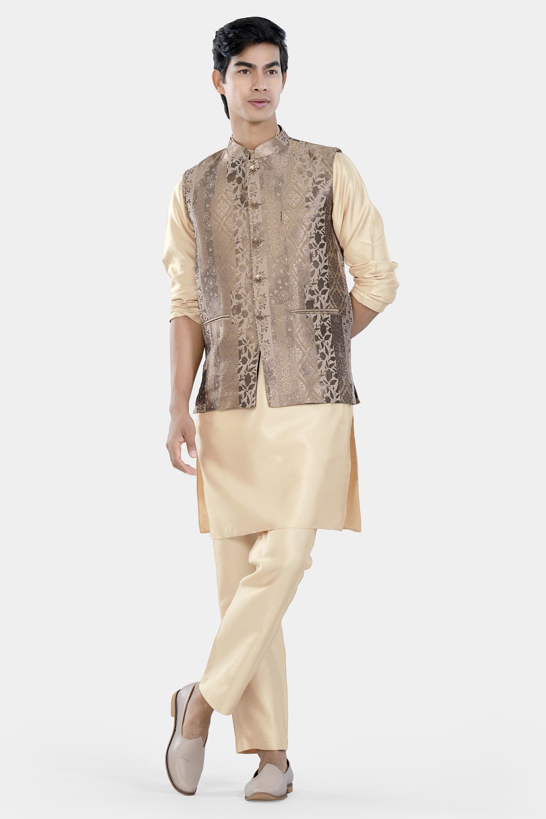 Cashmere and Sandrift Brown Floral Jacquard Textured Designer Nehru Jacket