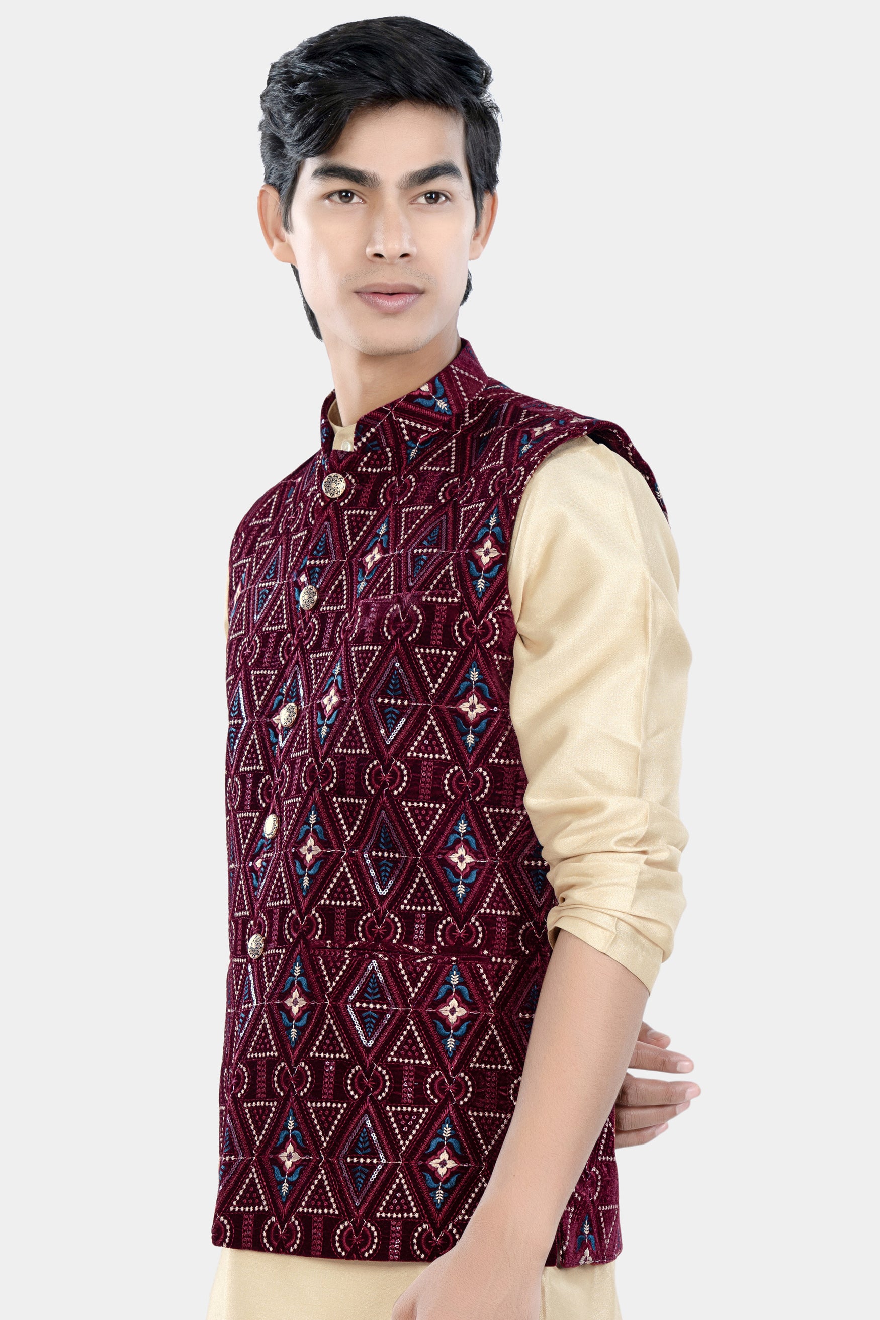 Castro Maroon Geometric Thread and Sequin Embroidered Designer Nehru Jacket