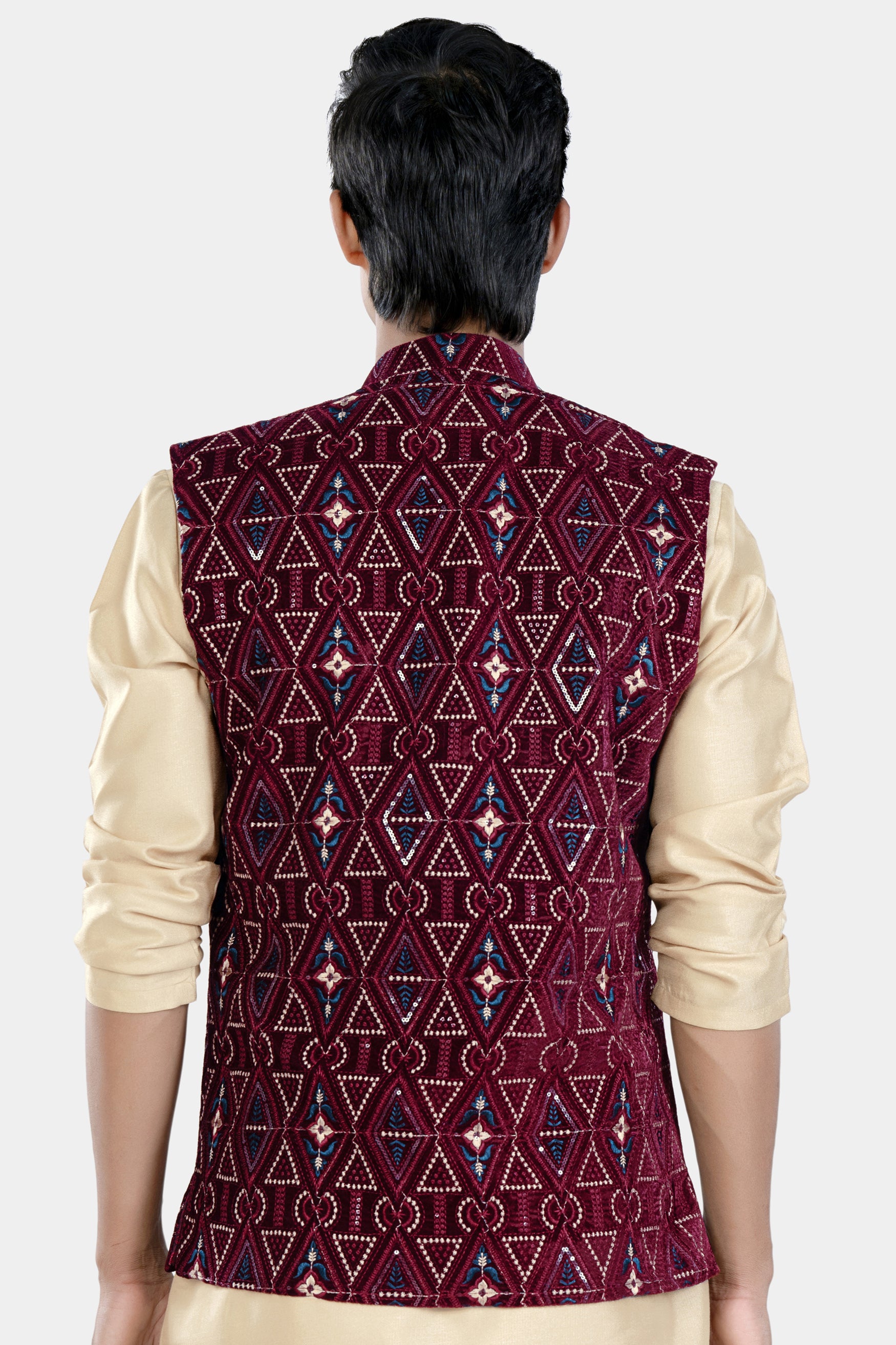 Castro Maroon Geometric Thread and Sequin Embroidered Designer Nehru Jacket