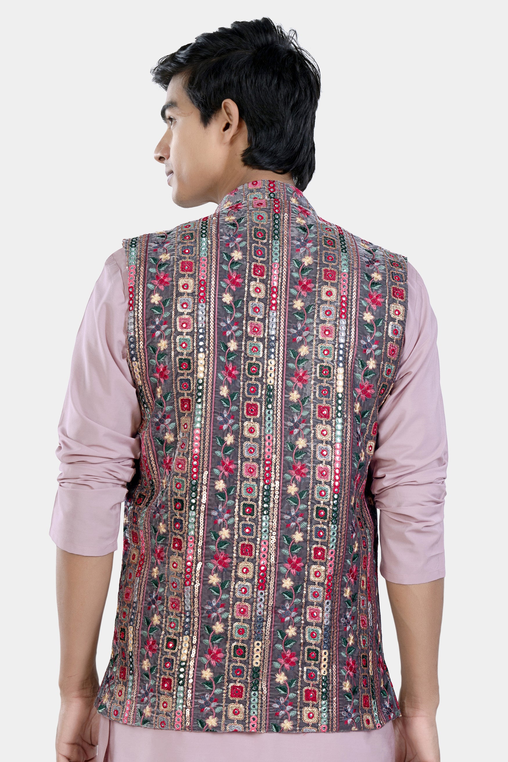 Fedora Gray and Carmine Pink Thread and Sequin Embroidered with Mirror Work Designer Nehru Jacket