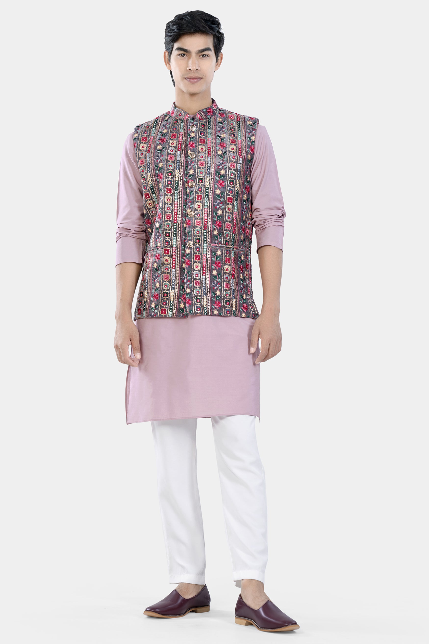 Fedora Gray and Carmine Pink Thread and Sequin Embroidered with Mirror Work Designer Nehru Jacket